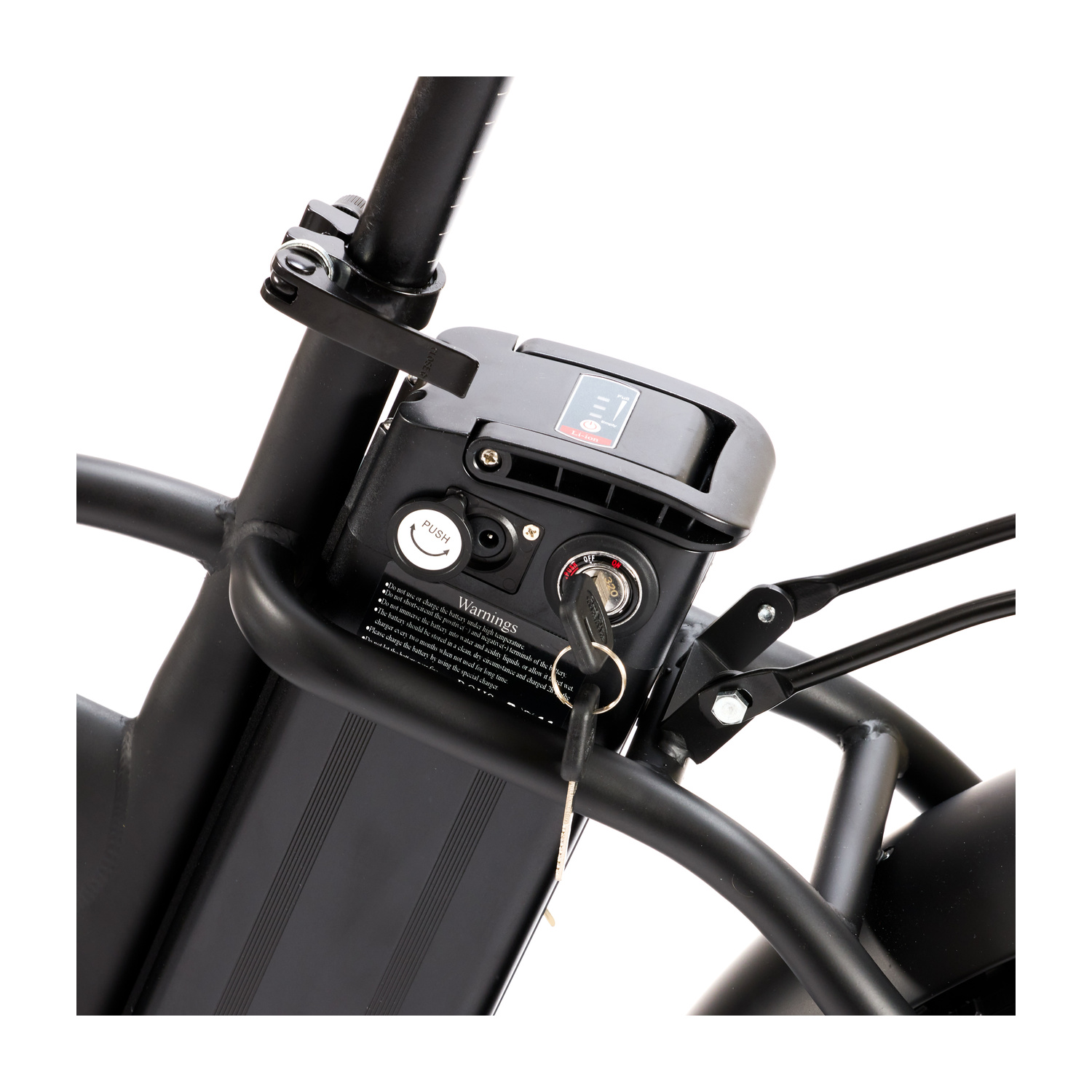 Batteria nera per e-bike con serratura a chiave, indicatore di carica e avvertenze.