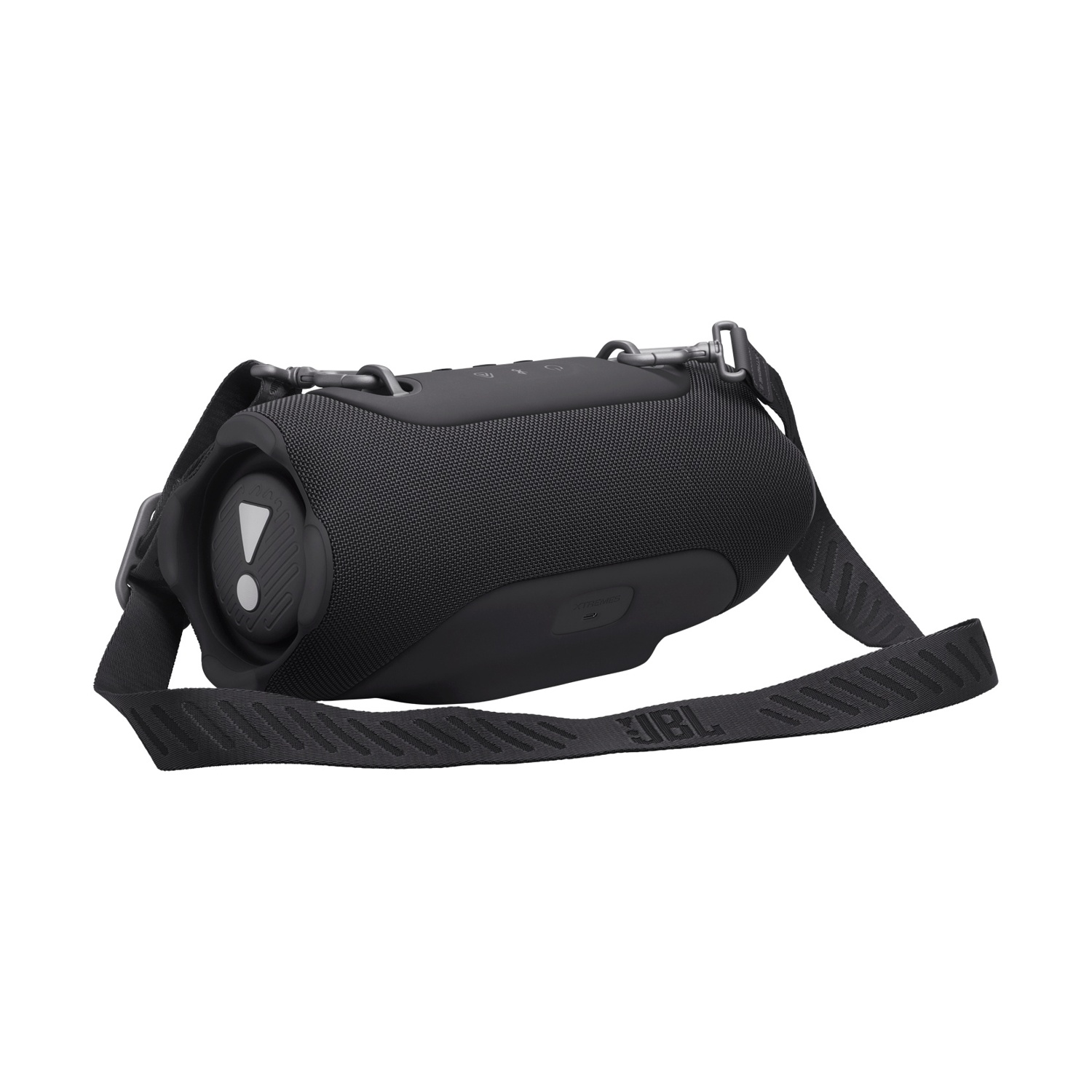 Altoparlante JBL portatile nero con tracolla, isolato su sfondo bianco.