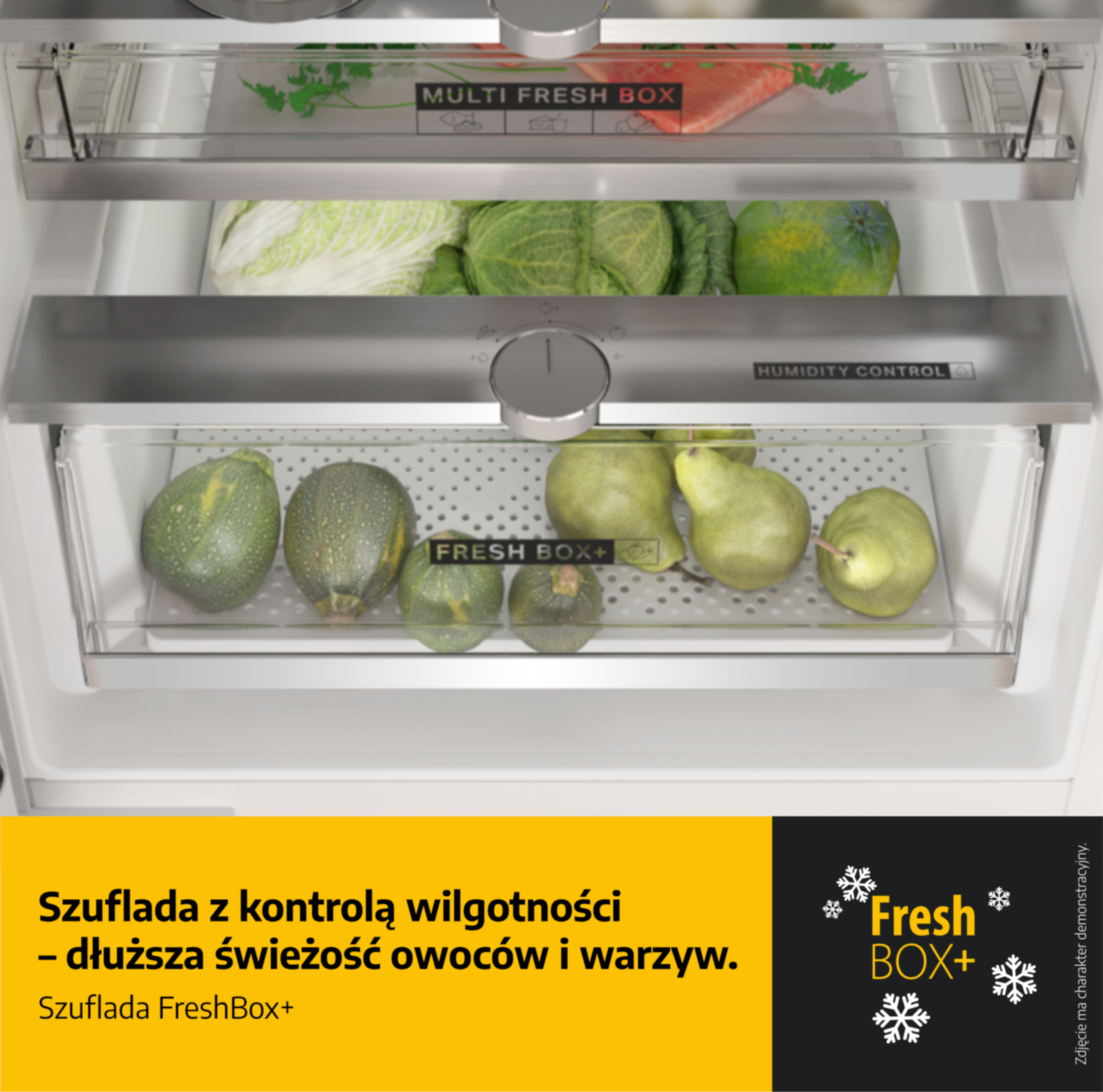 Szuflady lodówki z warzywami i owocami, z napisem "Fresh Box+".