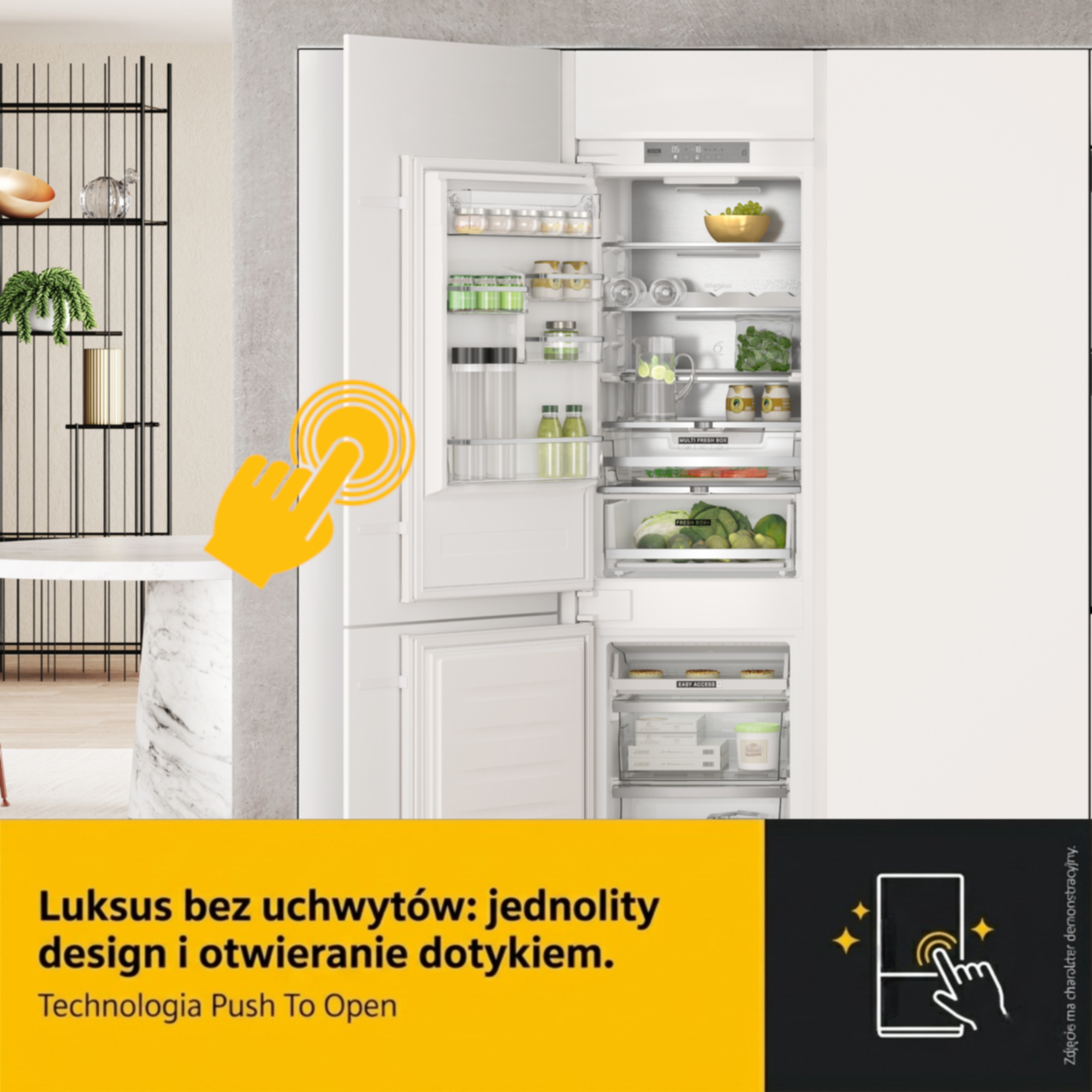 Otwarta lodówka z jedzeniem i grafiką dłoni wskazującą push-to-open.