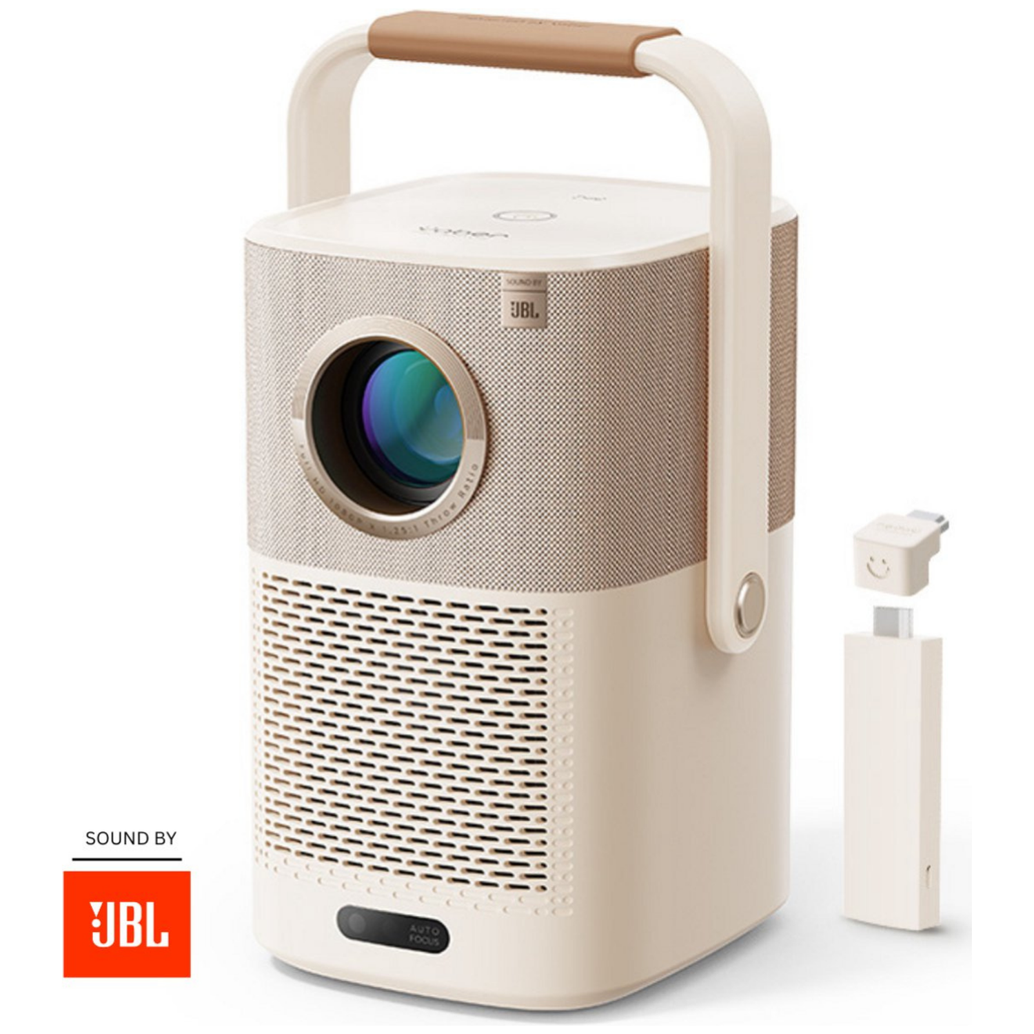 Beige projector met bruine handgreep, JBL-logo en autofocusknop.