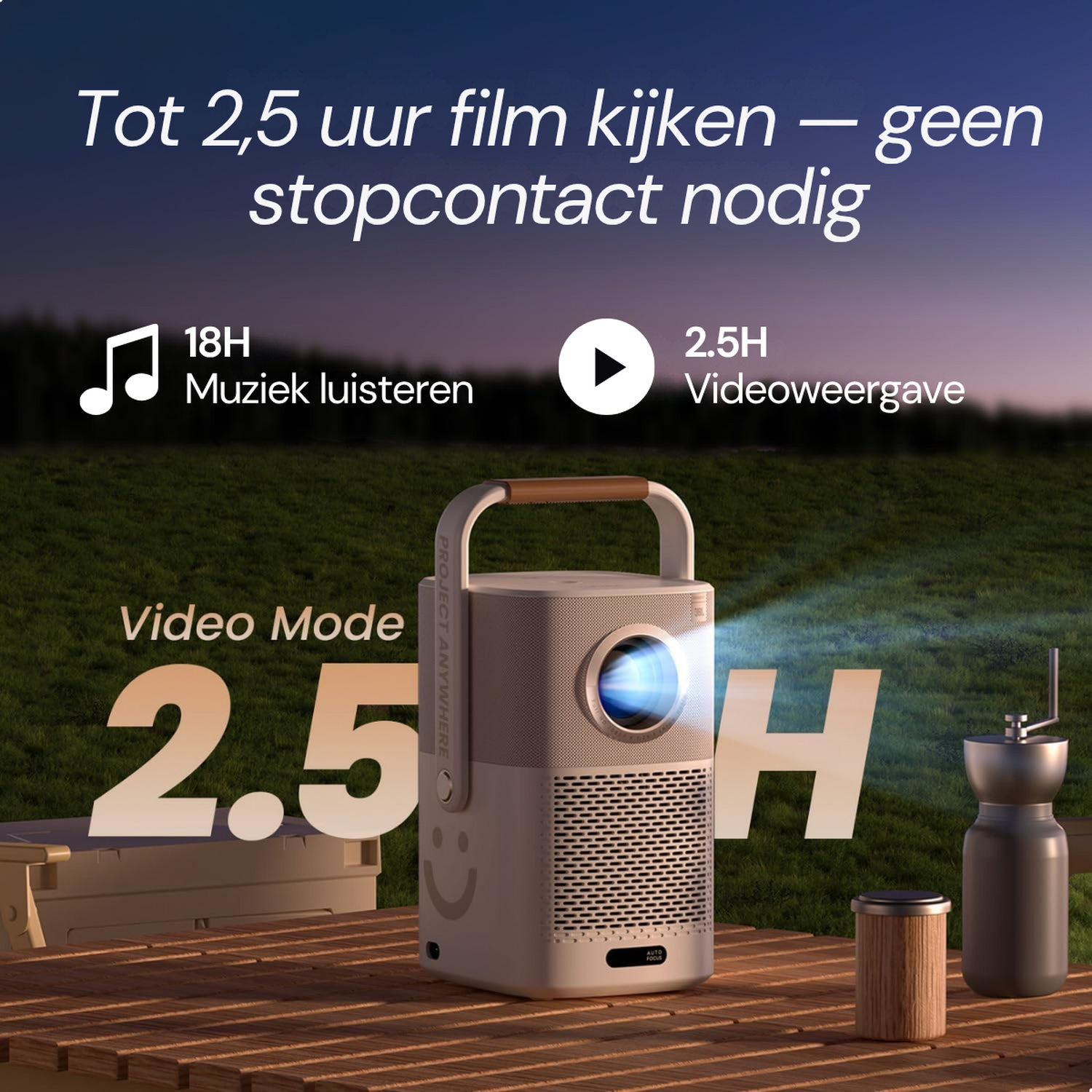 Projector 2,5u film, 18u muziek. Geen stopcontact nodig.