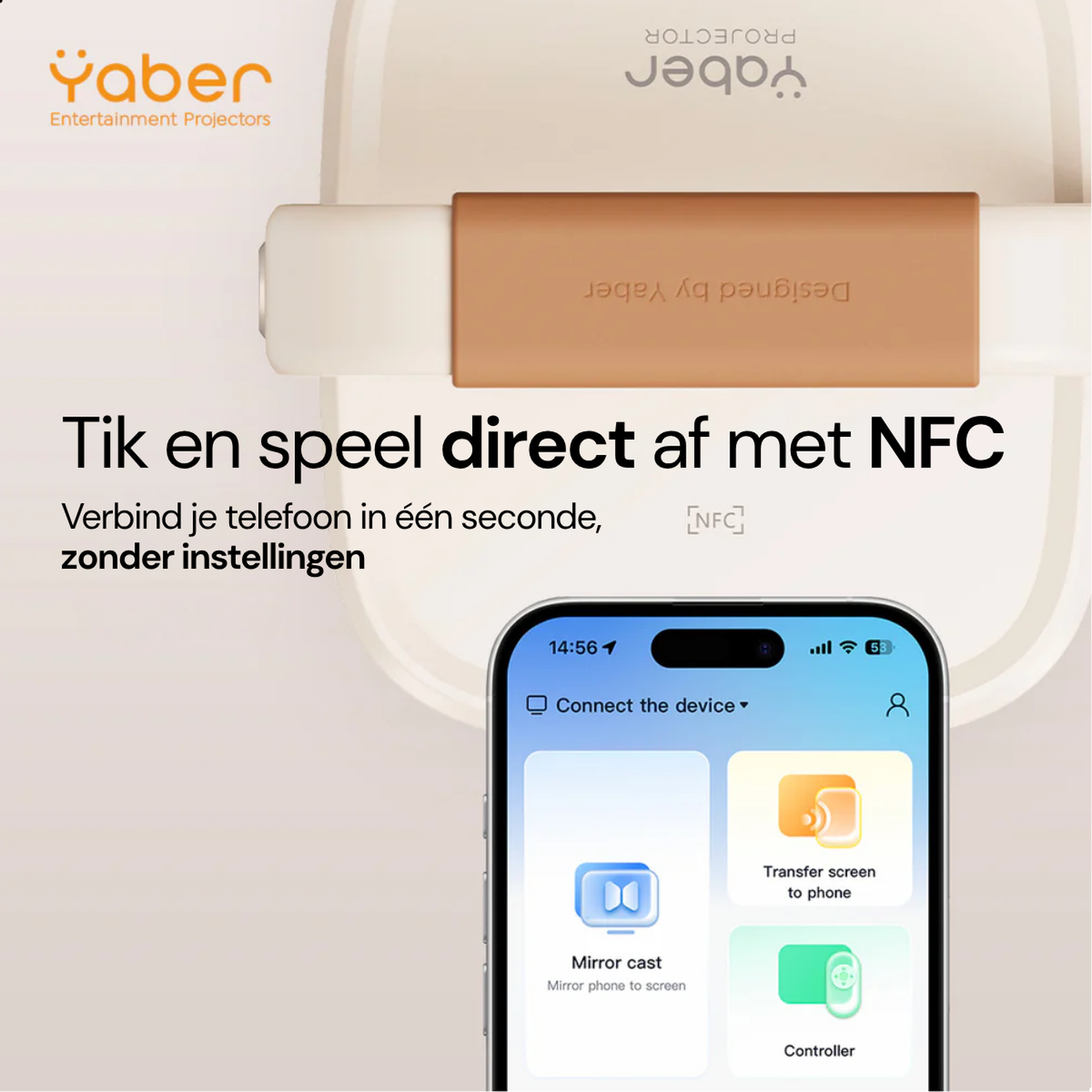 Yaber projector met smartphone verbindingsopties zoals Mirror Cast en NFC.