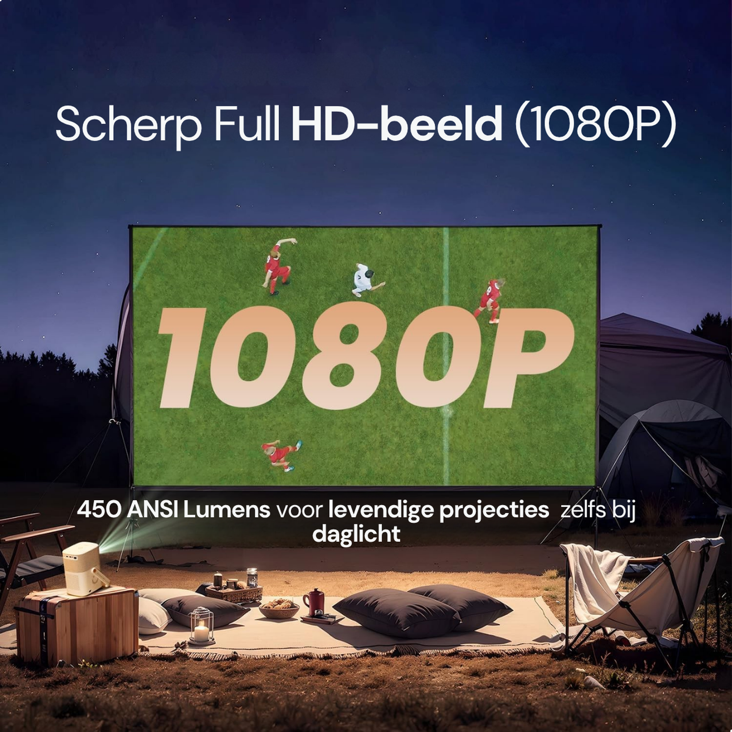 Een projector verlicht een scherm met 1080P. Buiten kampeerscene.