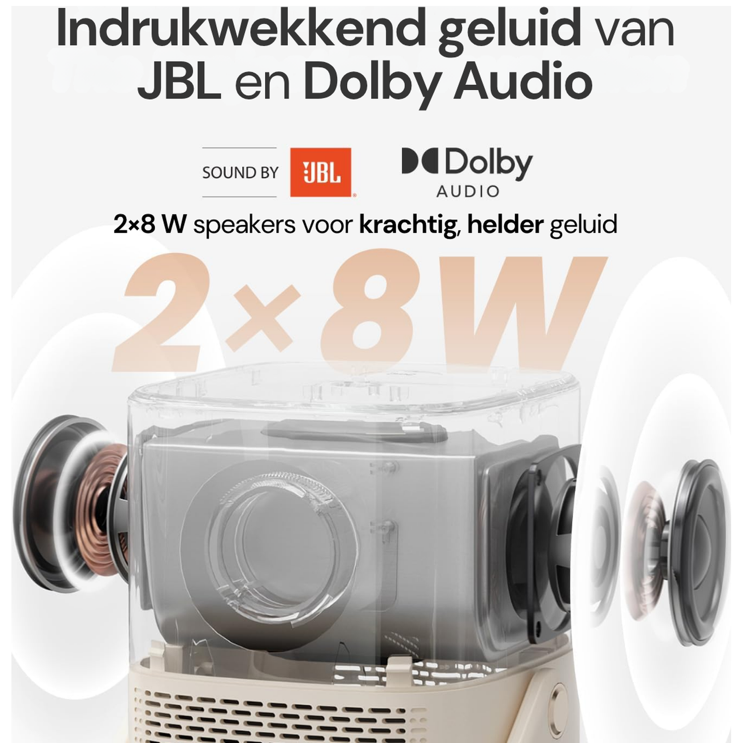 Close-up van een luidspreker met JBL en Dolby Audio logo's. 2x8W vermogen.