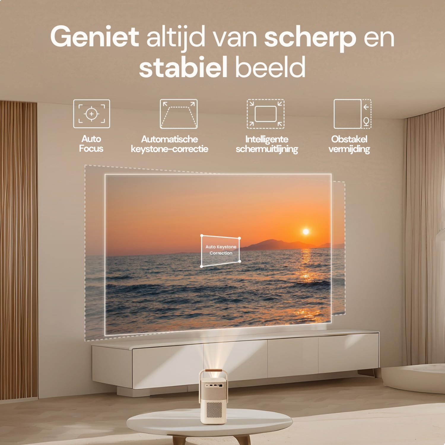 Een projector projecteert een zeegezicht op een muur. Iconen tonen functies.
