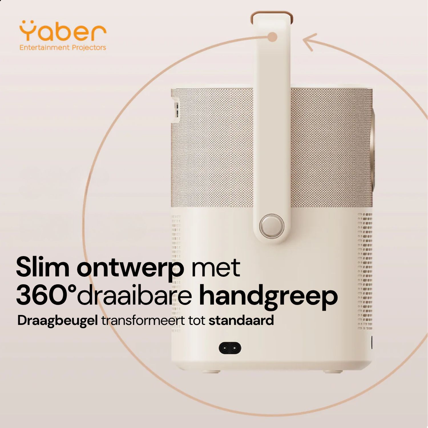 Een beige Yaber projector met draaibare handgreep en tekst. Minimalistisch design.