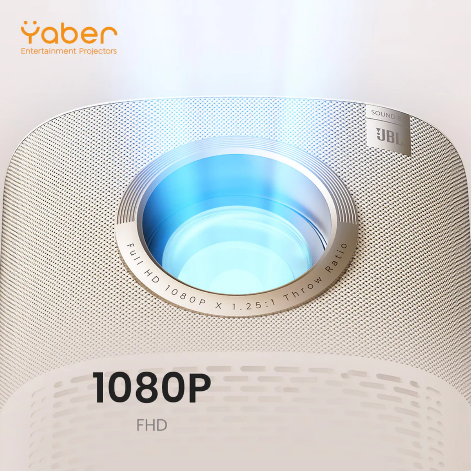 Een witte projector met JBL-geluid, die 1080P Full HD projecteert.