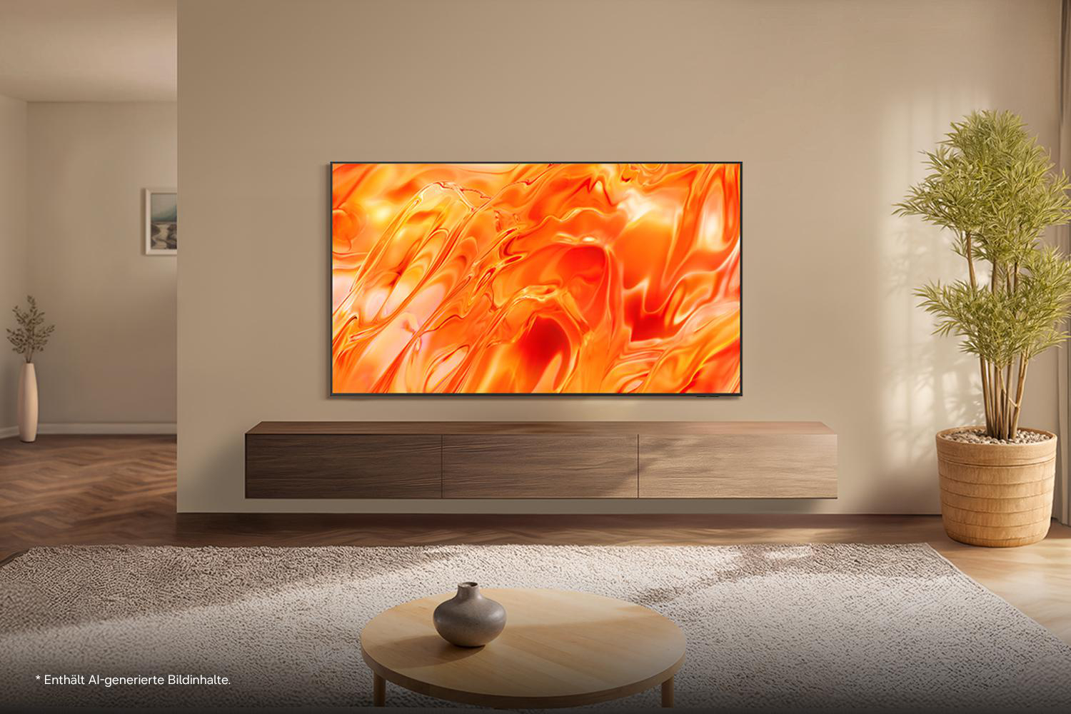 Ein moderner Wohnraum mit einem Wandfernseher, der ein oranges abstraktes Bild zeigt.