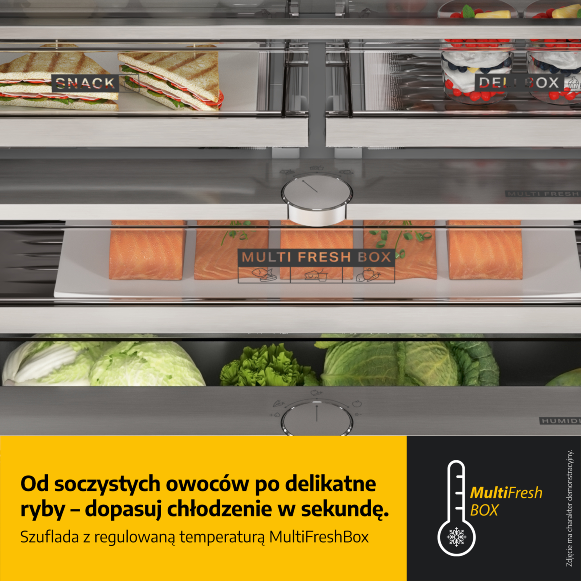Szuflady lodówki z kanapkami, deserami, rybami i warzywami.