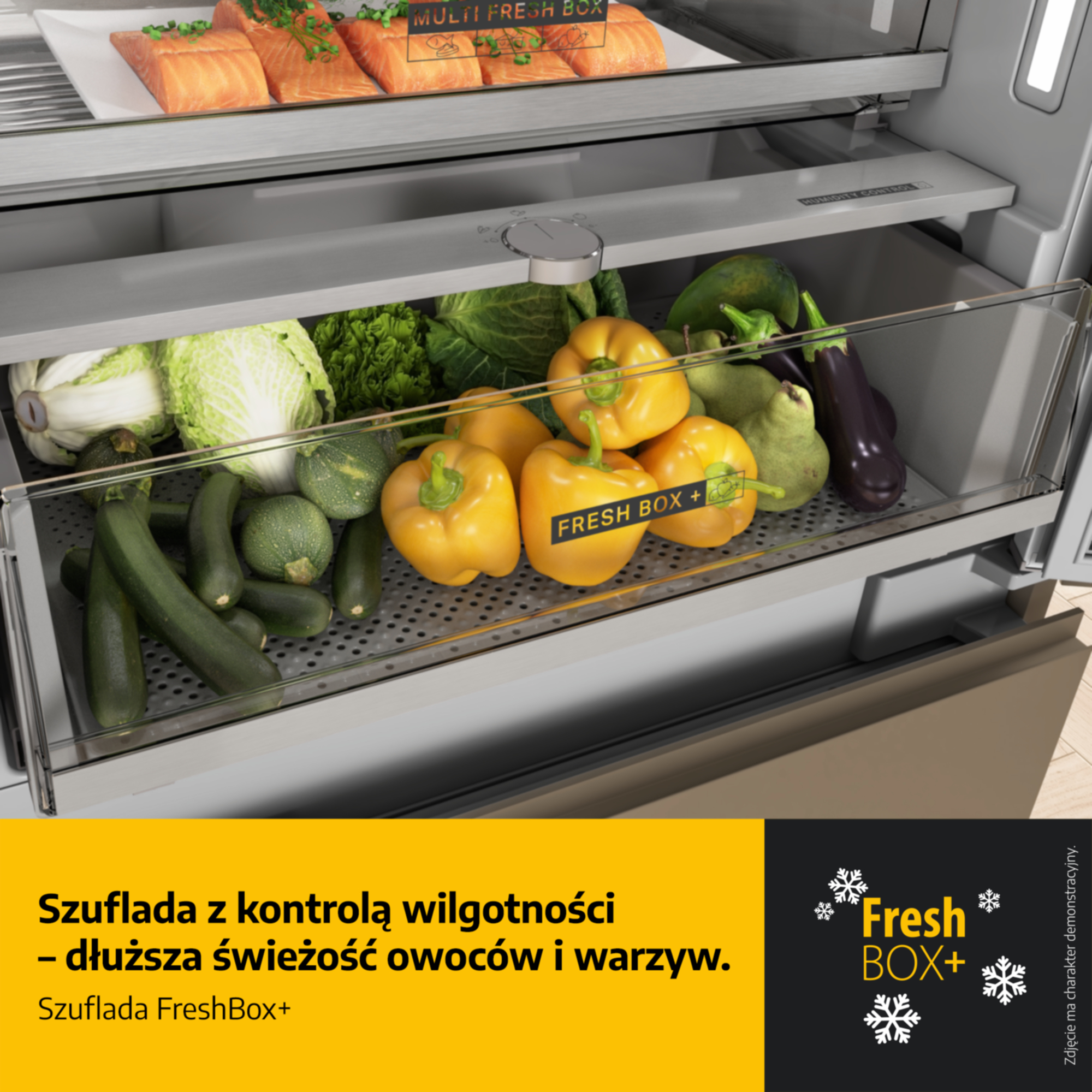 Szuflada lodówki z kontrolą wilgotności, pełna owoców i warzyw.
