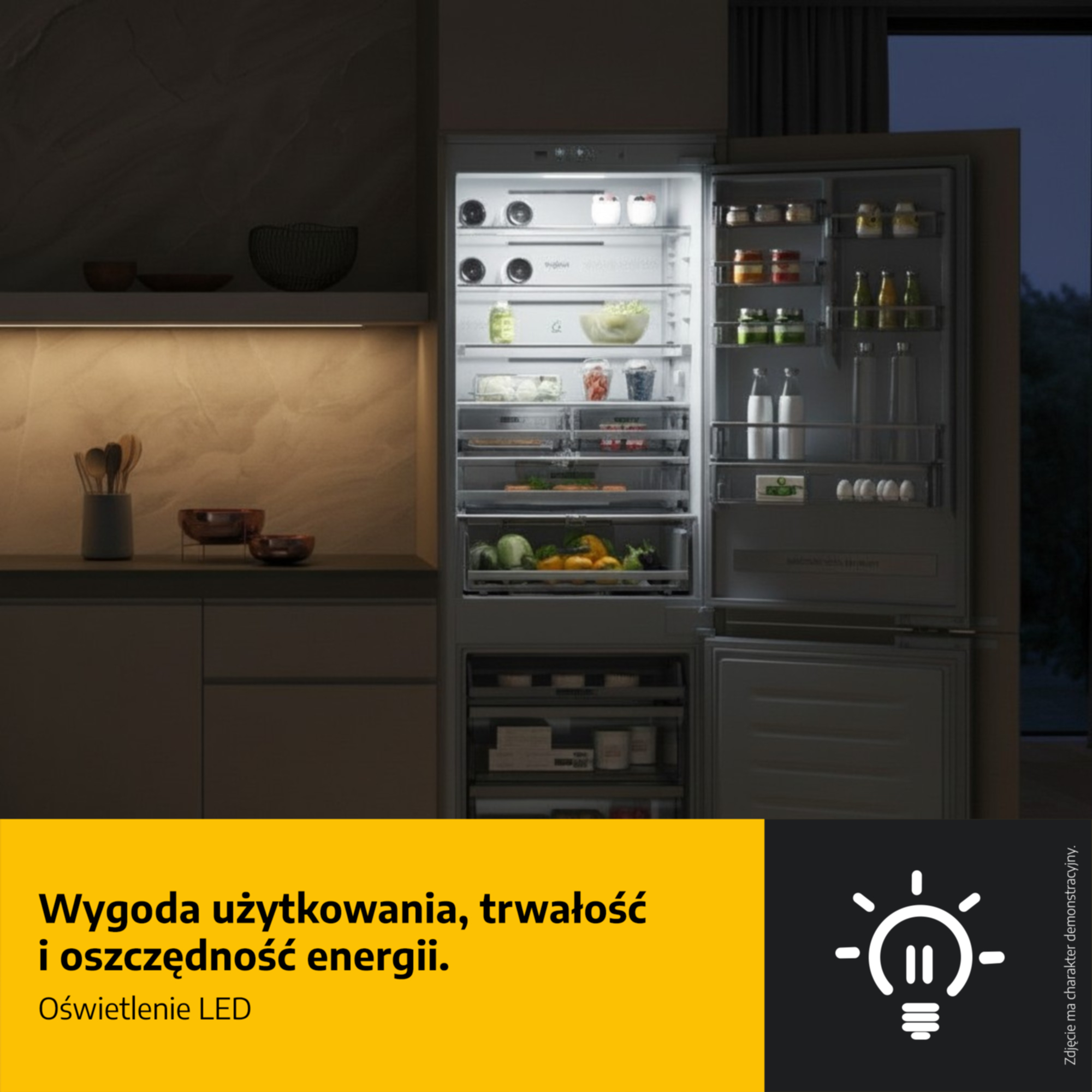Otwarta lodówka z oświetleniem LED i żywnością. Żółte pole z tekstem na dole.