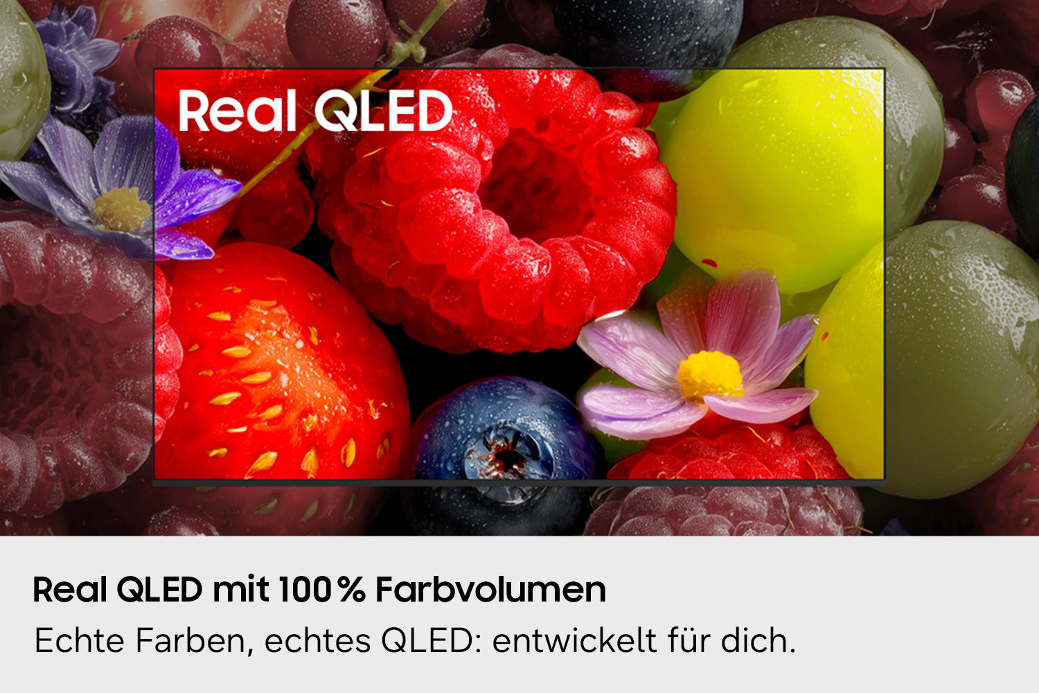 Bunte Früchte mit "Real QLED"-Logo. Himbeeren, Erdbeeren, Blaubeeren.