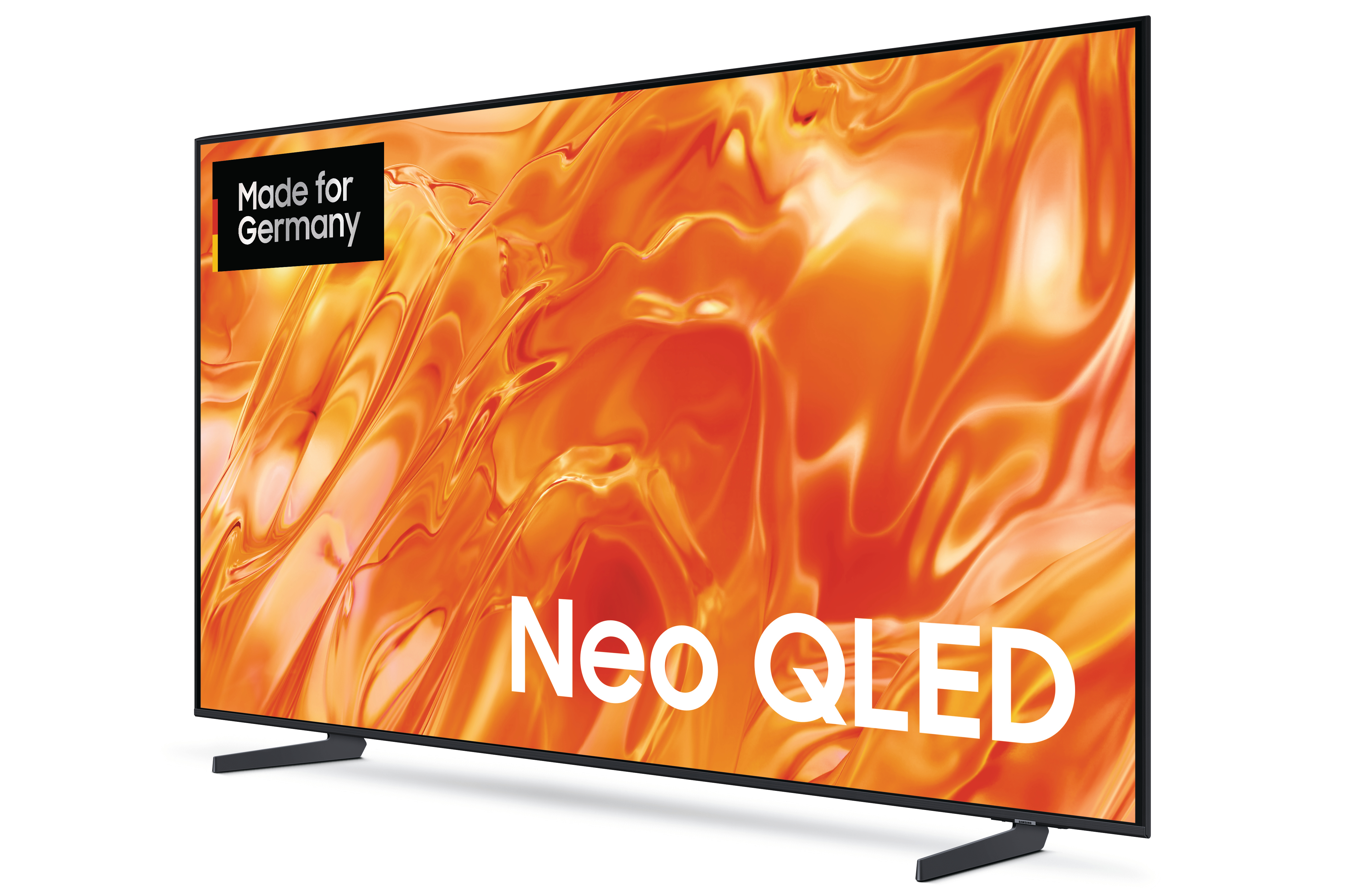 Ein moderner Neo QLED Fernseher mit orangefarbenem Hintergrund und 