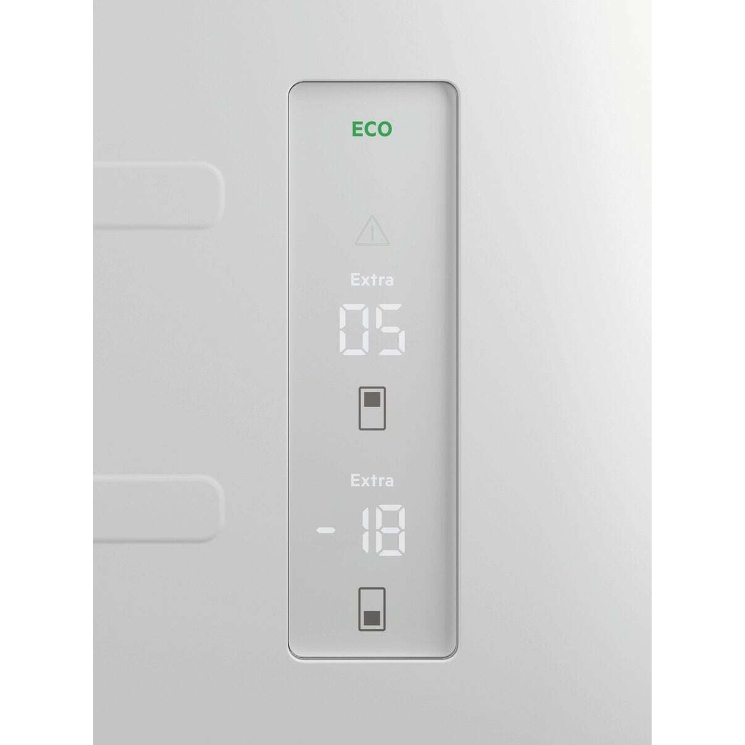 Pannello di controllo bianco con modalità ECO, impostazioni extra e temperature di 5°C e -18°C.