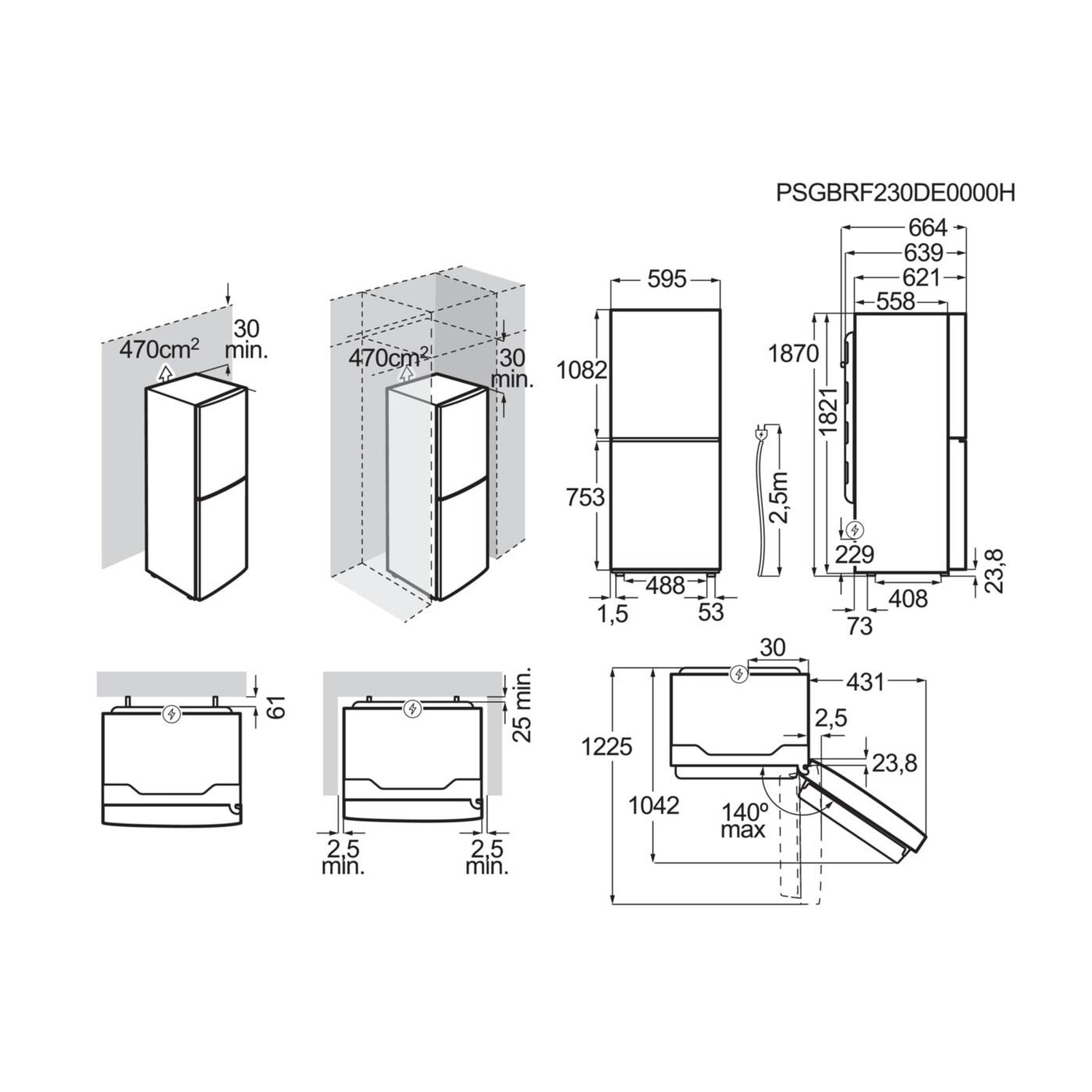 Disegno tecnico di un frigorifero con dimensioni e linee guida per l'installazione.