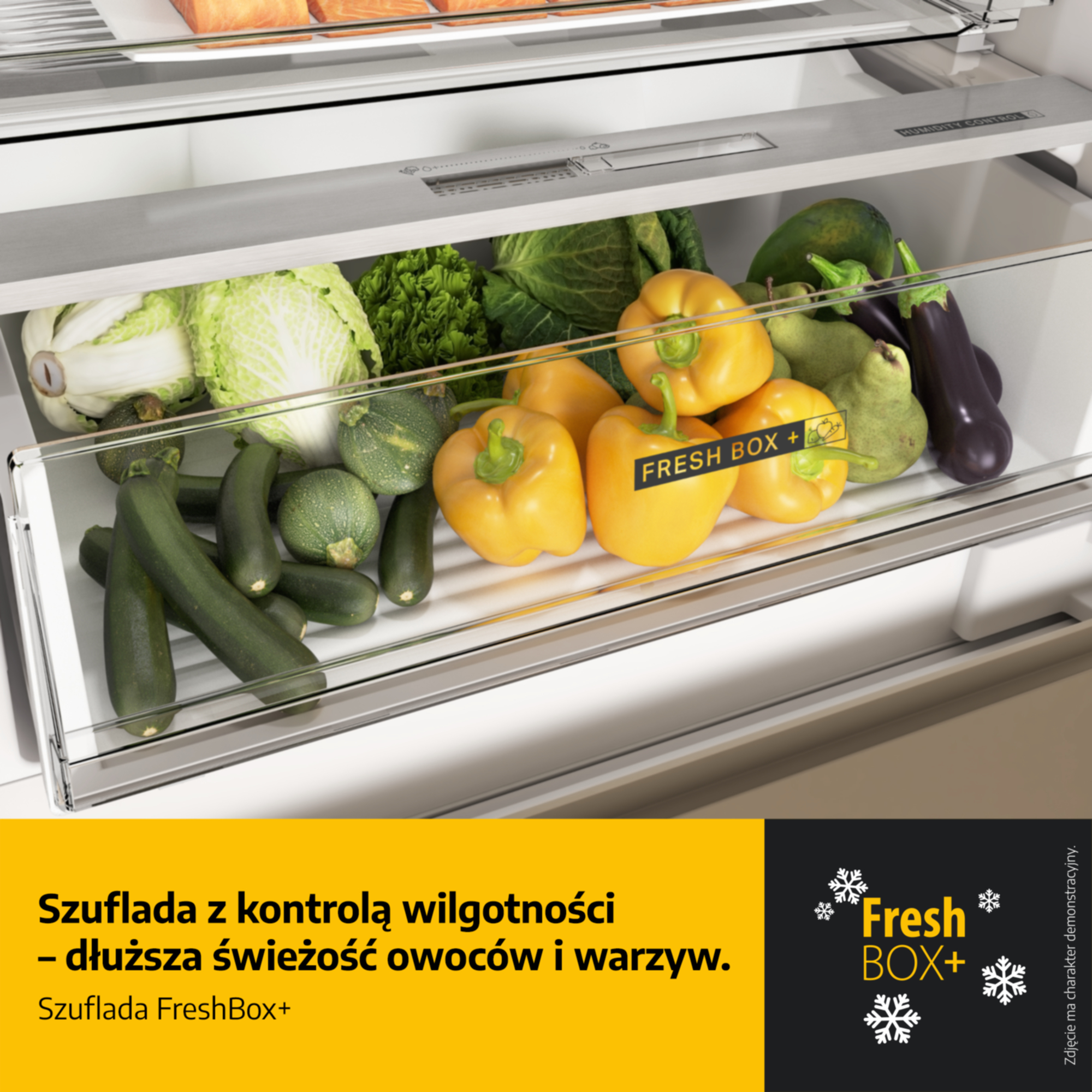 Szuflada Fresh Box z kontrolą wilgotności, pełna warzyw i owoców.