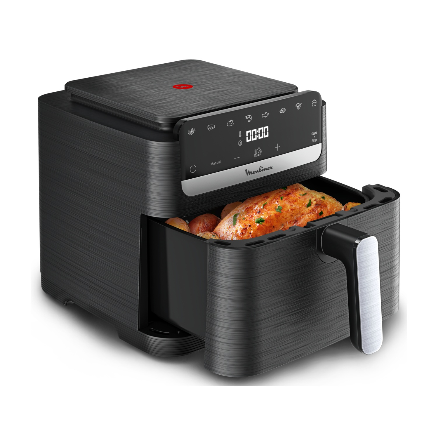 Friggitrice ad aria nera con pollo arrosto e patate nel cestello.