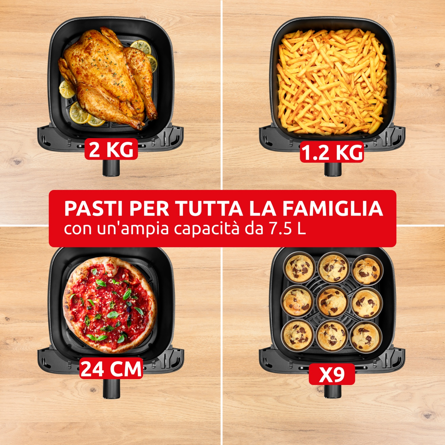 Un pollo intero, patatine, pizza e muffin in friggitrice ad aria nera.
