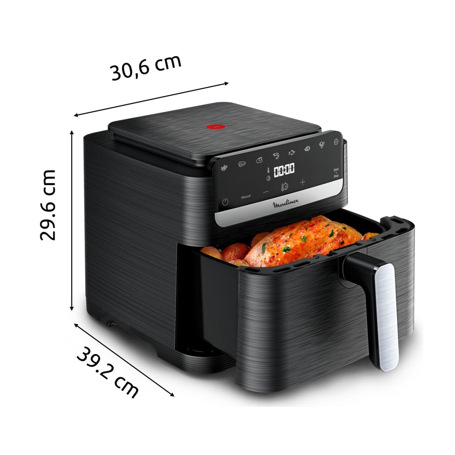 Friteuse ad aria nera con pollo arrosto e patate nel cestello.