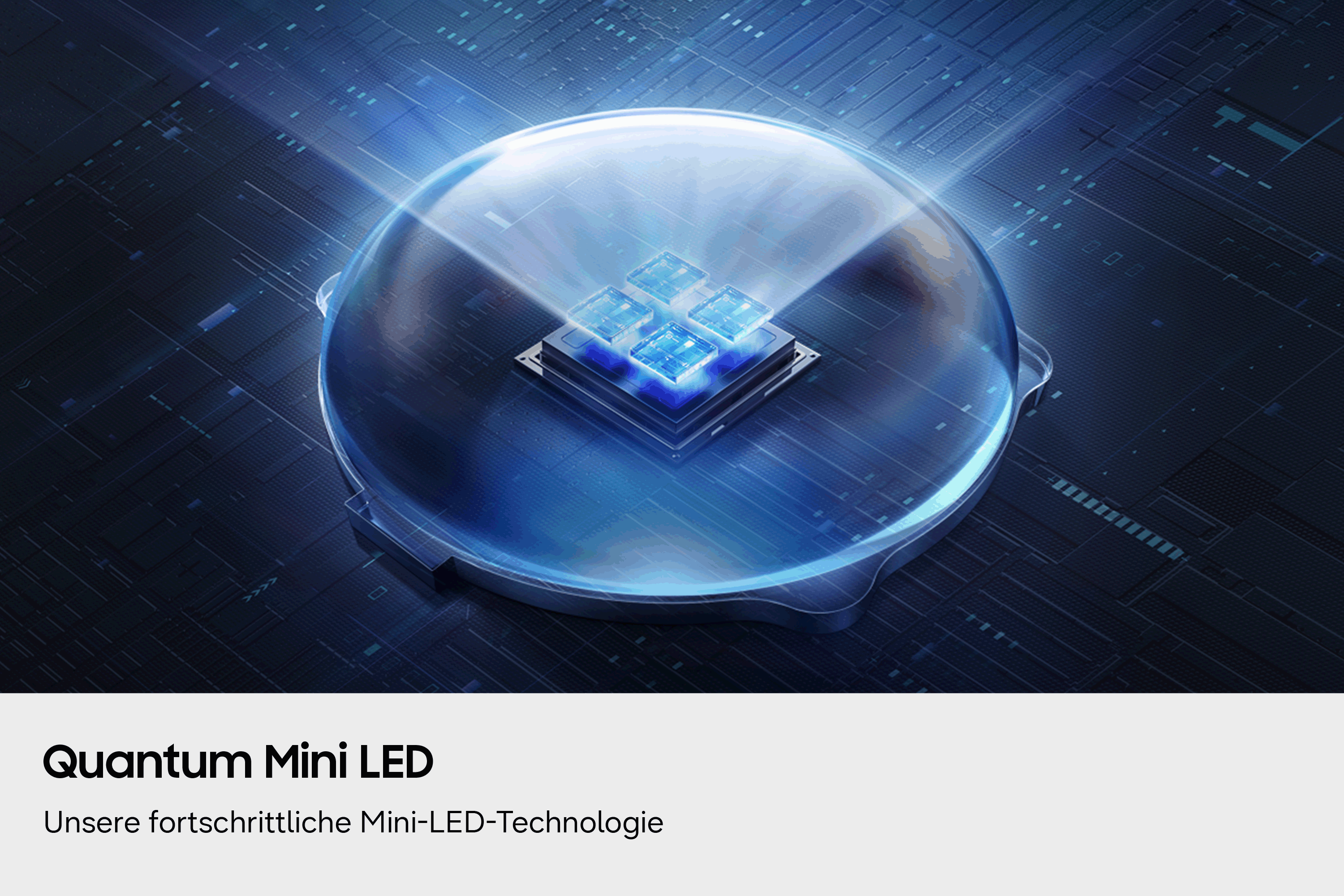 Abstrakte blaue Technologie-Grafik mit leuchtenden Mini-LEDs unter einer Kuppel.
