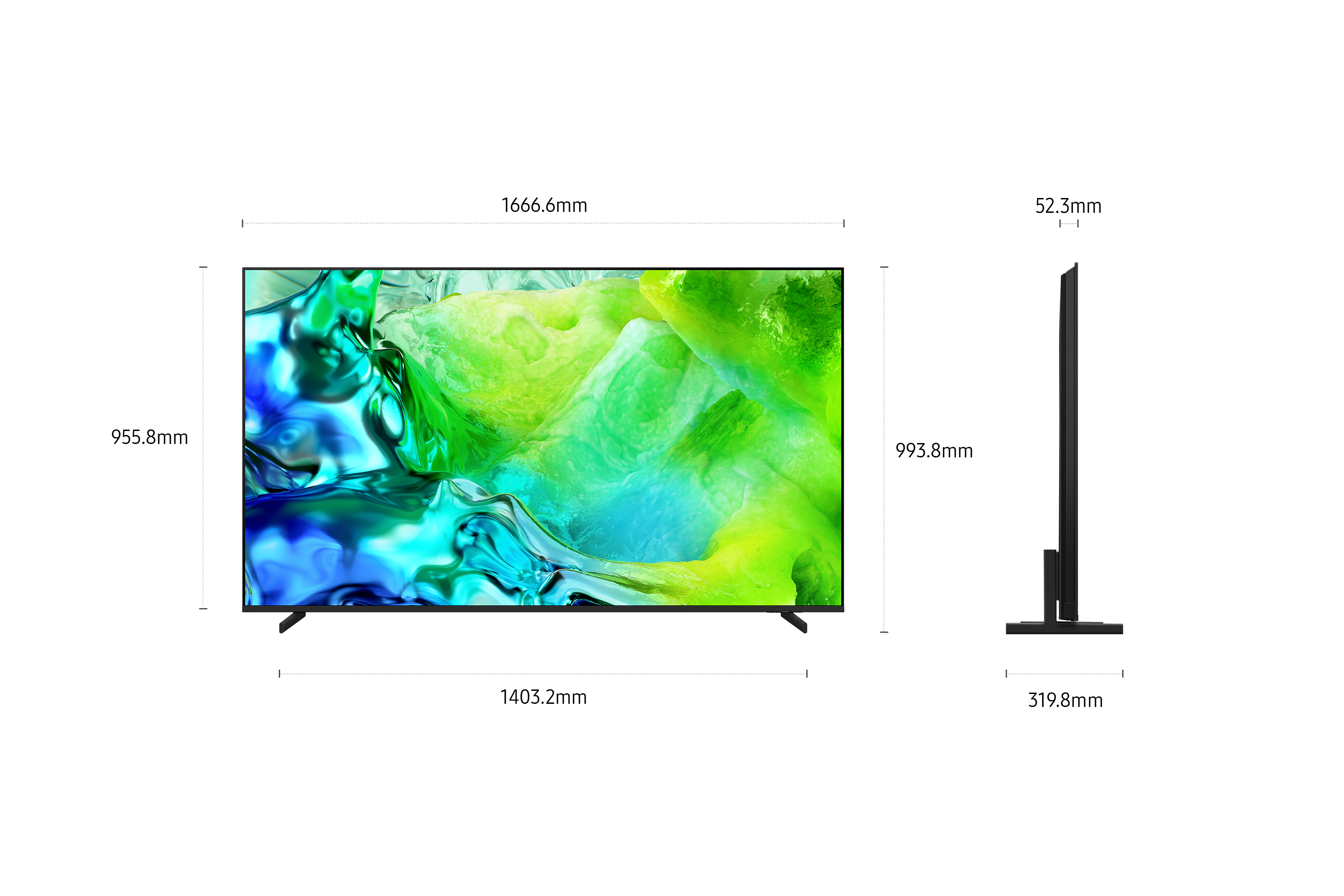 Ein großer schwarzer Fernseher mit einem farbenfrohen Hintergrund wird angezeigt.