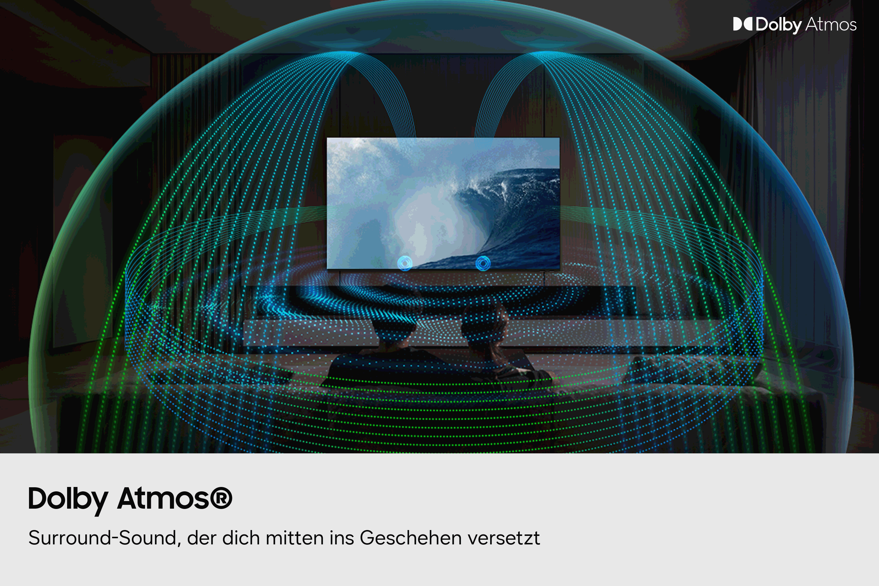 Dolby Atmos: Eine Welle auf einem Bildschirm, umgeben von Lichtpunkten.