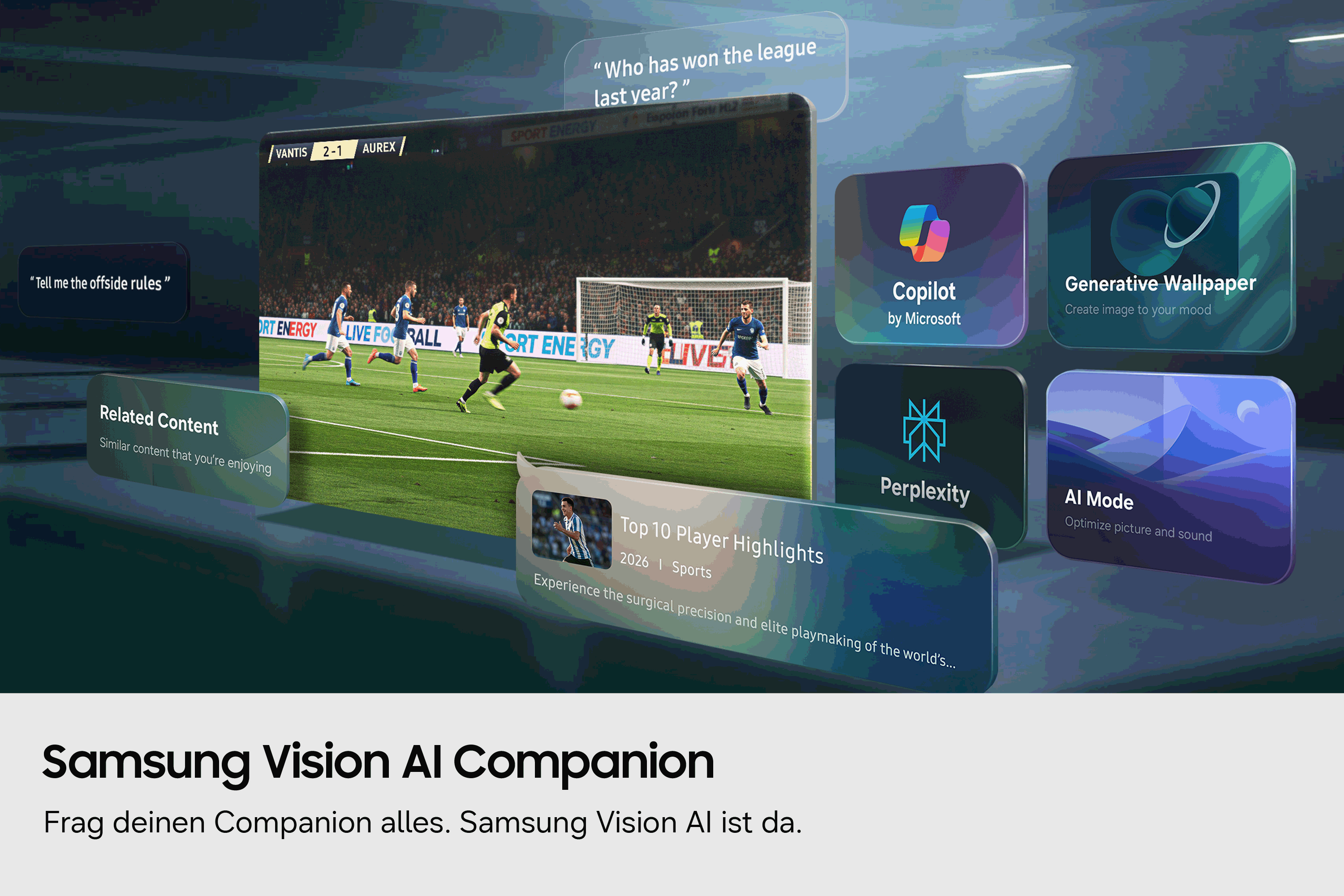 Fußballspiel mit Live-Score, KI-Apps und dem Samsung Vision AI Companion.