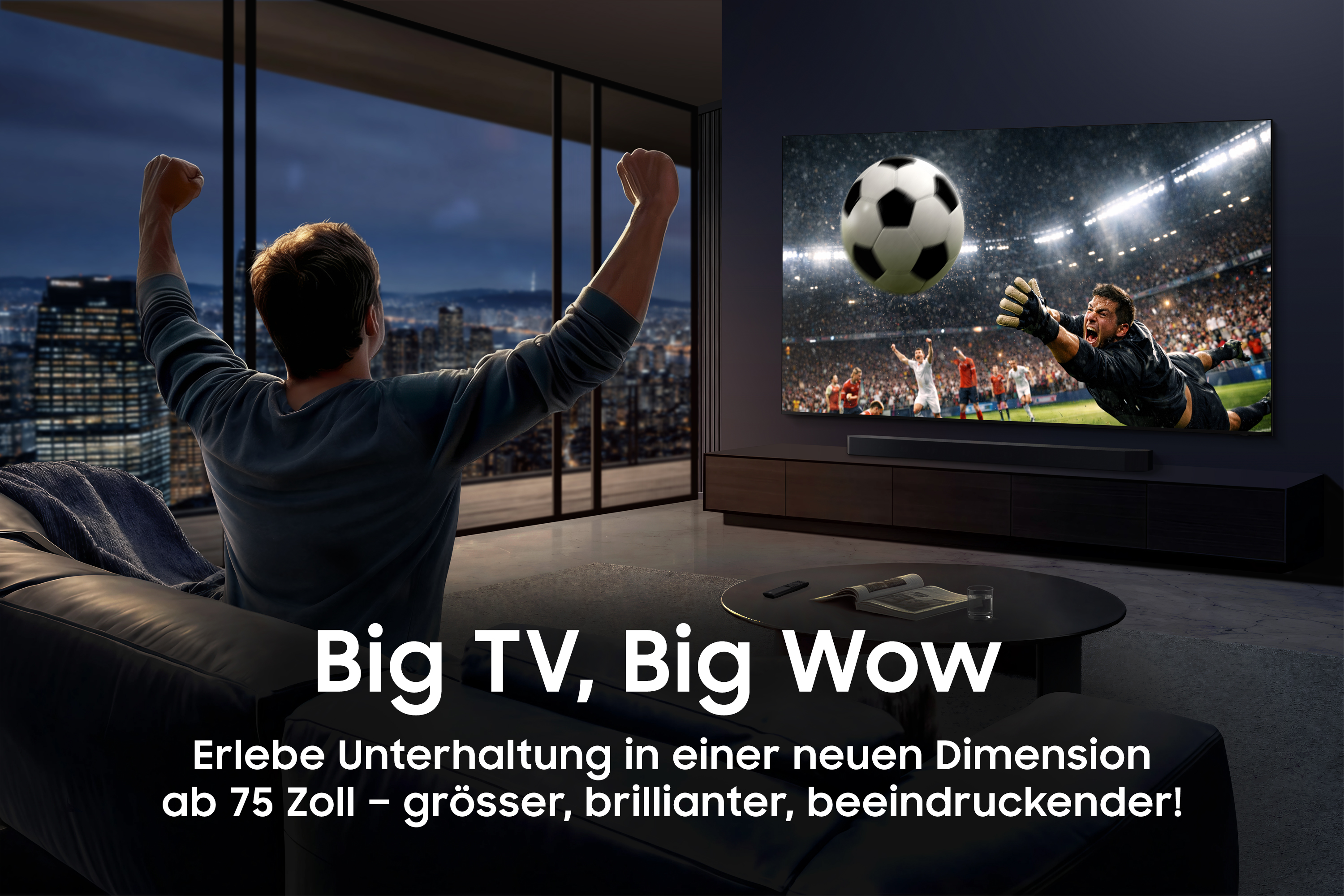 Ein Mann jubelt vor einem riesigen Fernseher, der ein Fußballspiel zeigt.