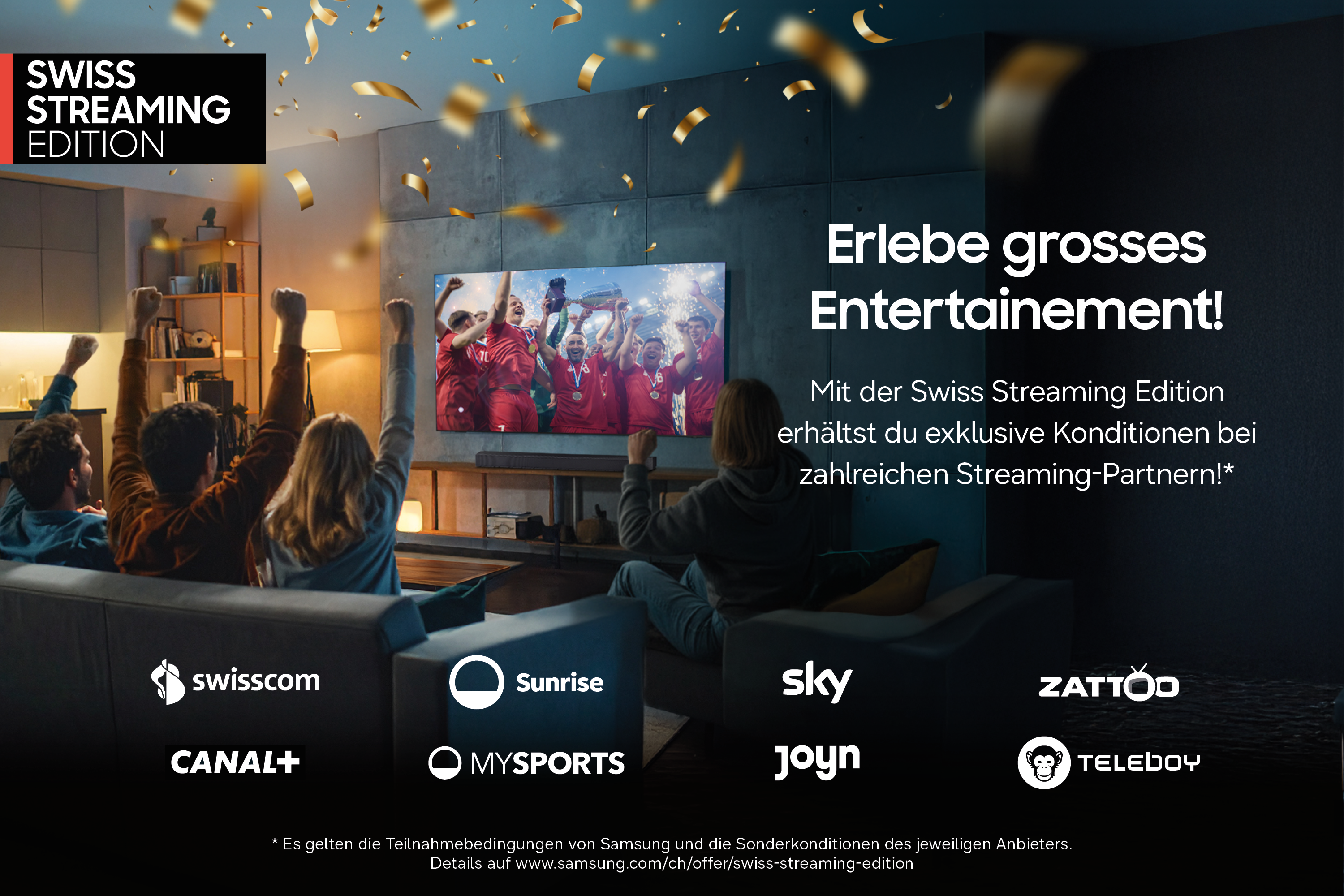 Leute jubeln vor einem Fernseher, der ein Fußballteam zeigt. Goldener Konfetti fällt.