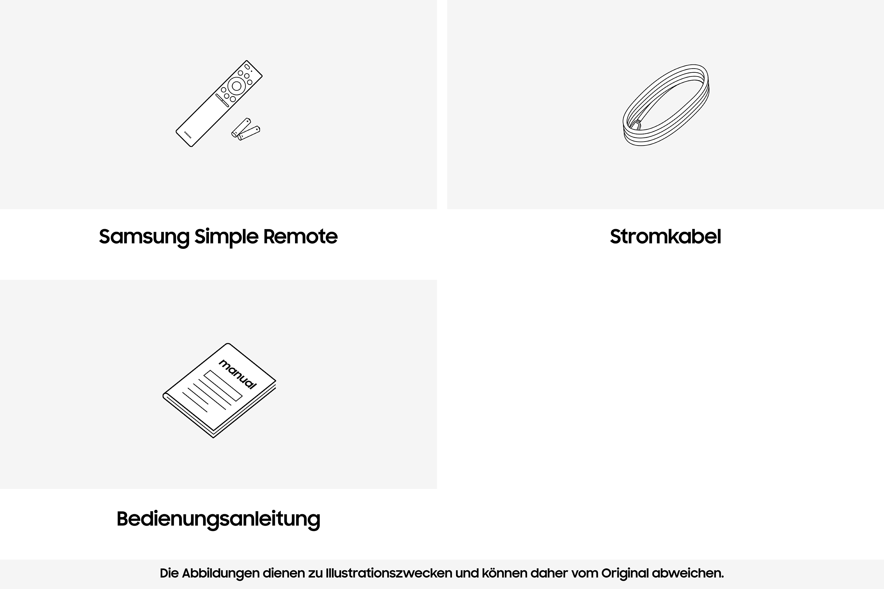 Ein Samsung Simple Remote mit Batterien, ein Stromkabel, eine Bedienungsanleitung.