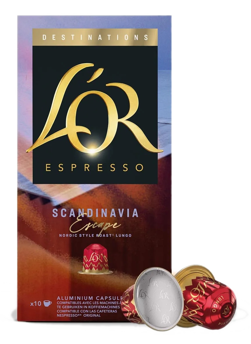 Opakowanie LOr Espresso z trzema kapsułkami kawy, wzór "Scandinavia Escape".