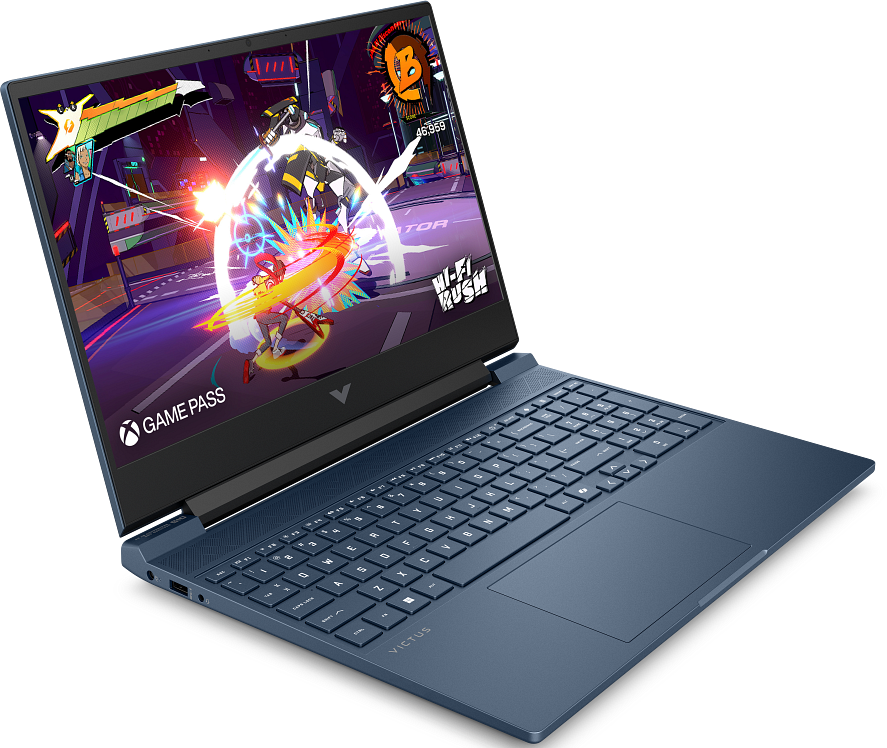 Egy kék HP Victus laptopon fut a Hi-Fi Rush játék, akcióban lévő karakterekkel.
