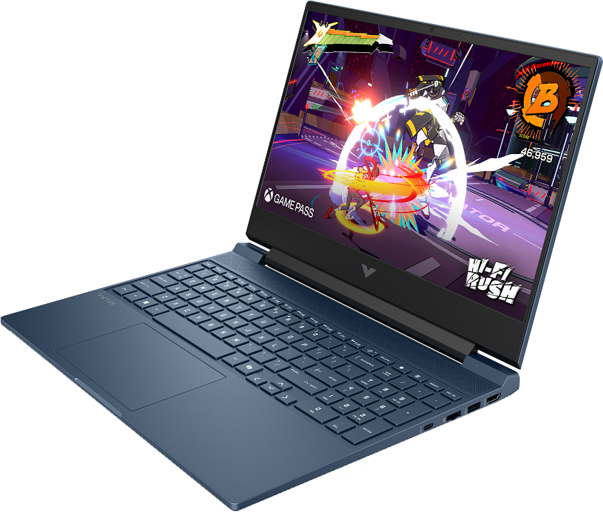 Kék HP Victus laptop nyitva, Hi-Fi Rush játékkal a képernyőn.