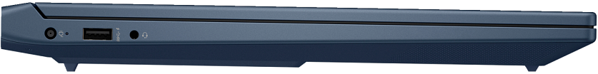 Kék laptop oldalsó nézete portokkal: tápellátás, USB-A, fejhallgató.