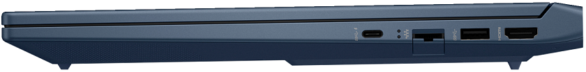 Kék laptop oldala portokkal: USB-C, SD kártyaolvasó, USB-A, HDMI.