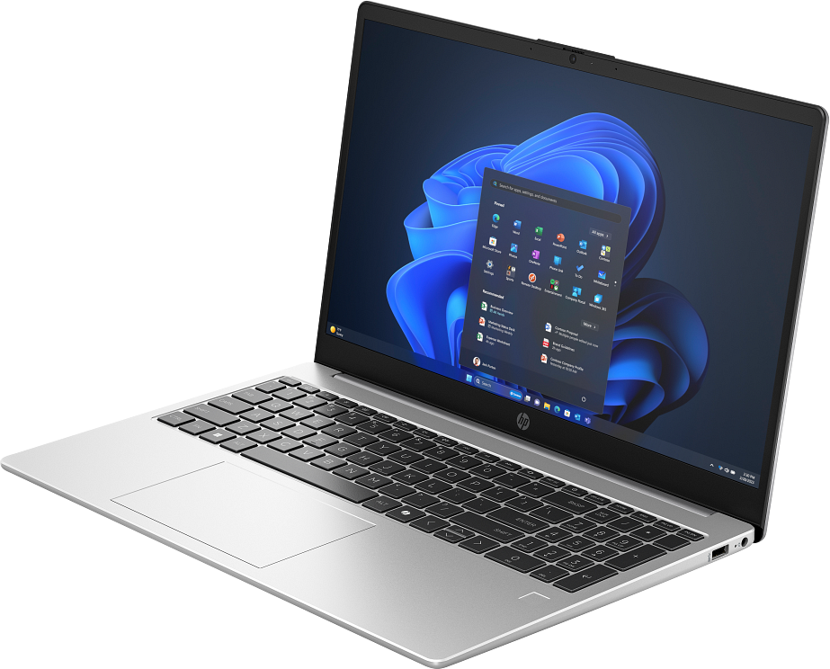 Ezüst HP laptop, nyitott Windows 11 start menüvel a képernyőn.