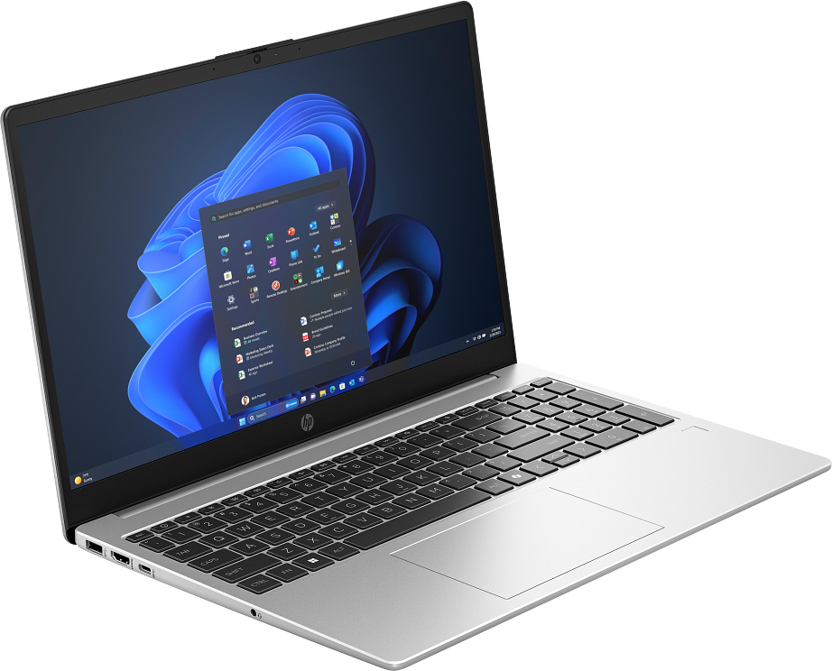 Ezüst HP laptop, nyitott Windows 11 Start menüvel a képernyőn.