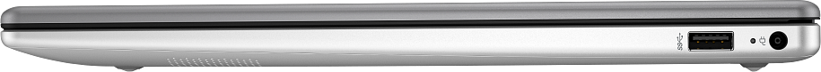 Ezüst laptop szélén USB port, töltésjelző és fejhallgató csatlakozó.
