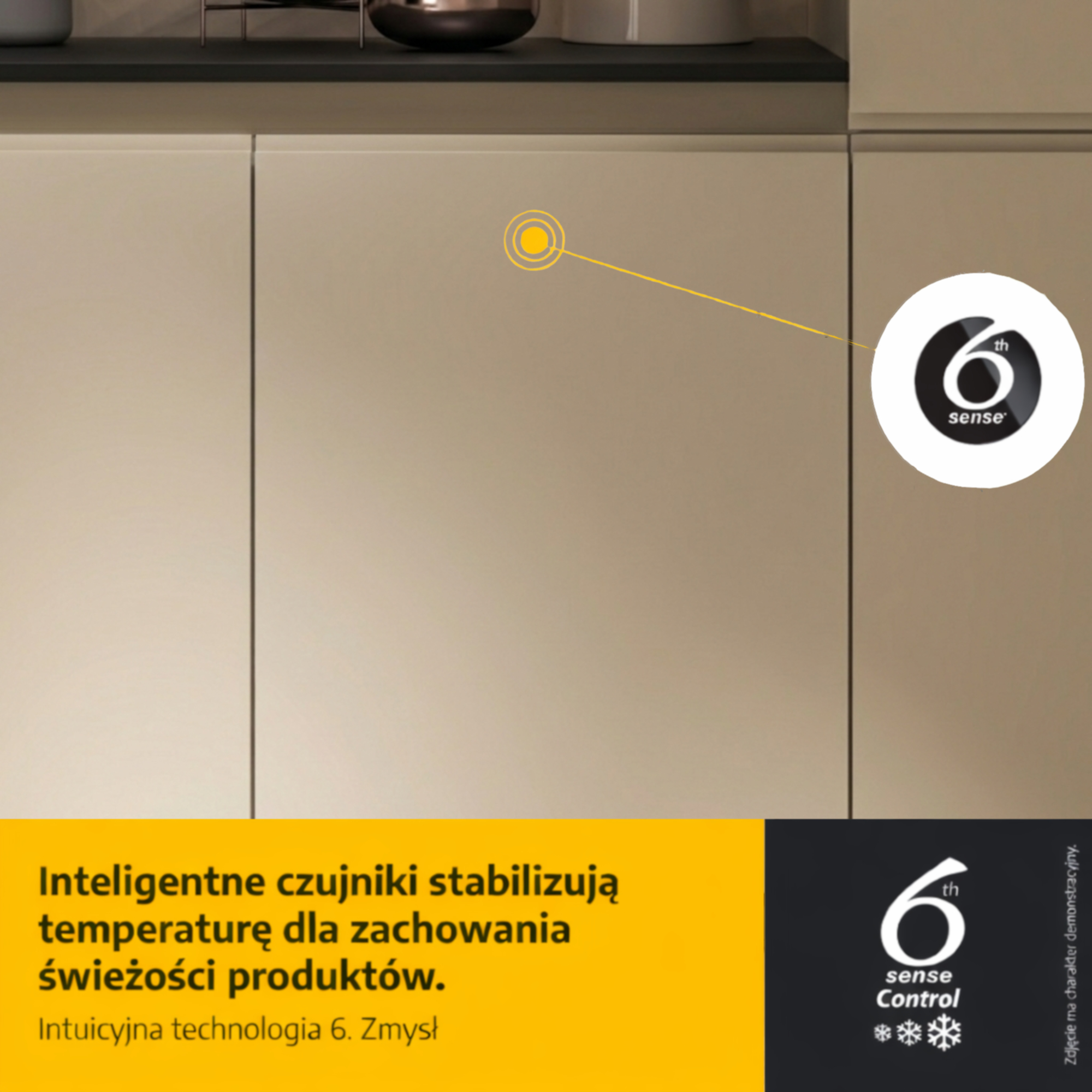 Nowoczesne szafki kuchenne z żółtym polem tekstowym i logo 6th Sense.