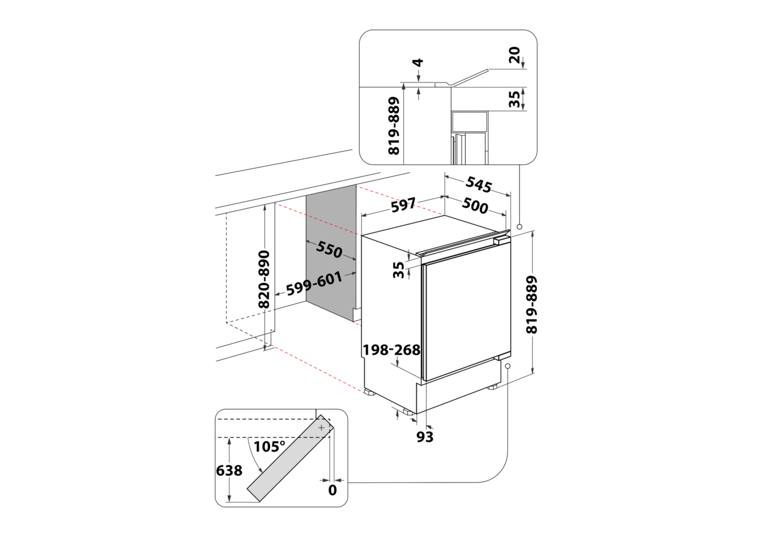 Diagram przedstawia wymiary urządzenia do zabudowy, z pomiarami w mm.