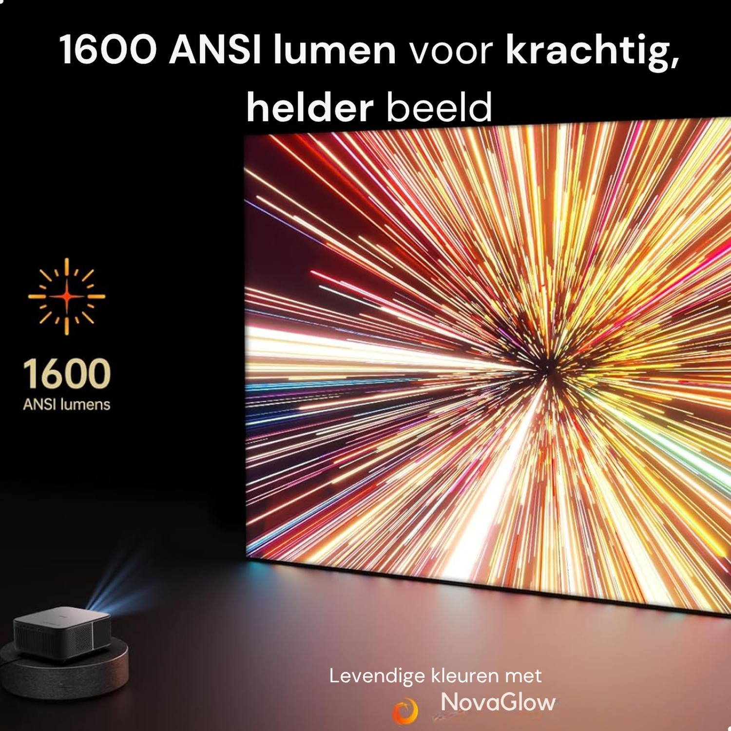 Een projector projecteert licht op een scherm met een levendig, sterrenachtig patroon.