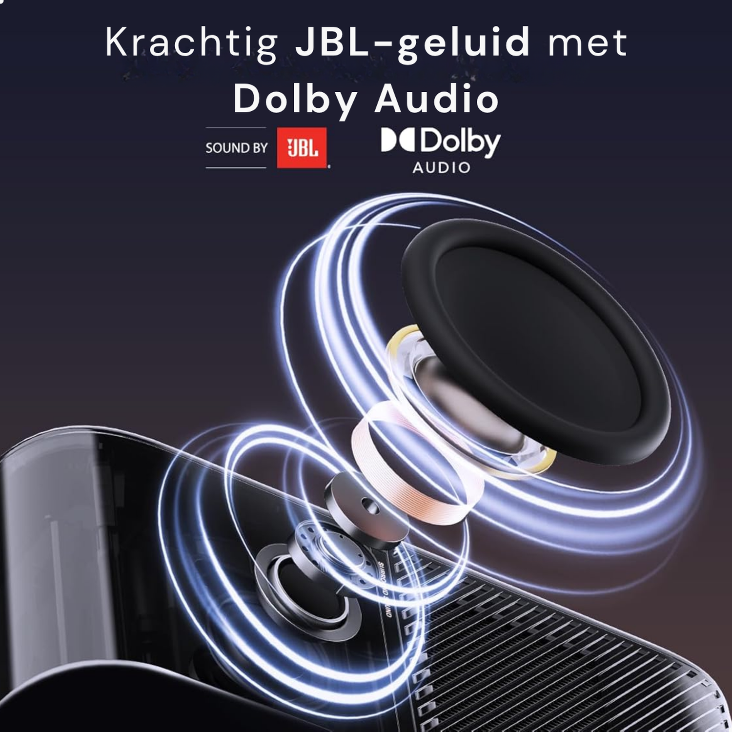 Exploded view van een luidspreker met JBL en Dolby Audio logo's.