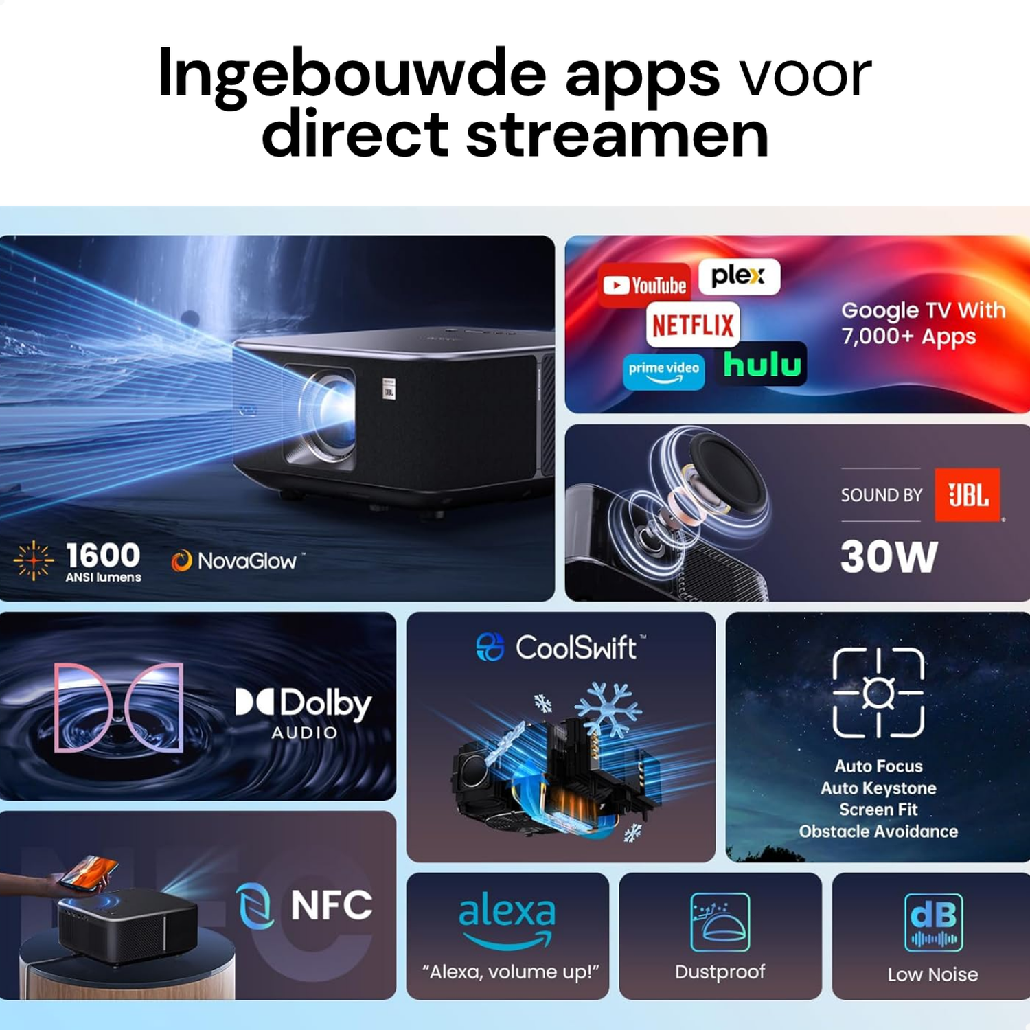 Een zwarte projector zendt een blauwe lichtstraal uit. Kenmerken: Google TV, JBL geluid, NFC.