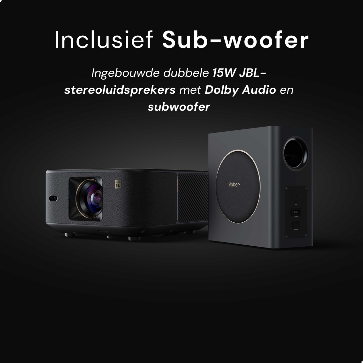 Een zwarte projector en subwoofer op een zwarte achtergrond.