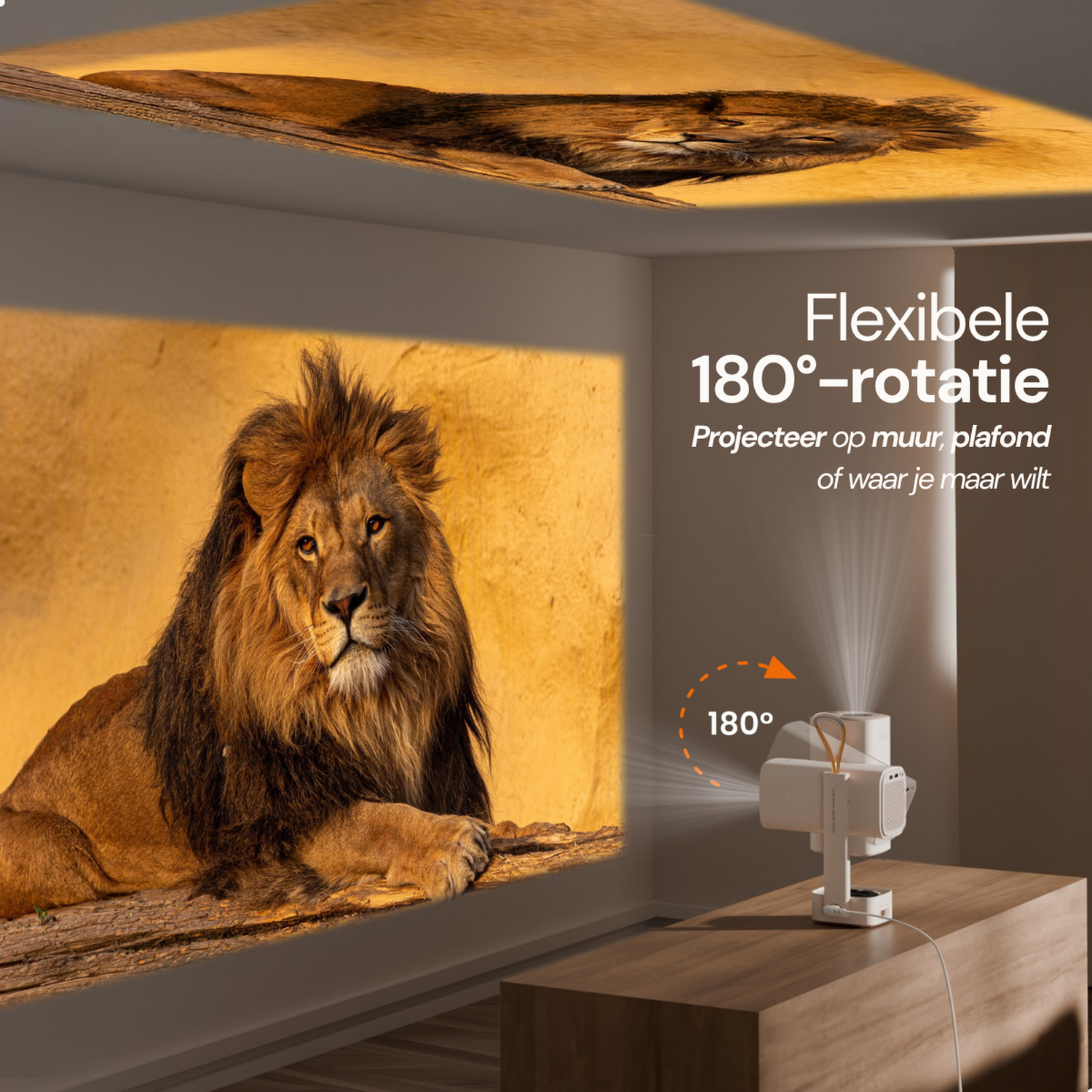Een leeuw wordt op een muur geprojecteerd, een projector staat op tafel.