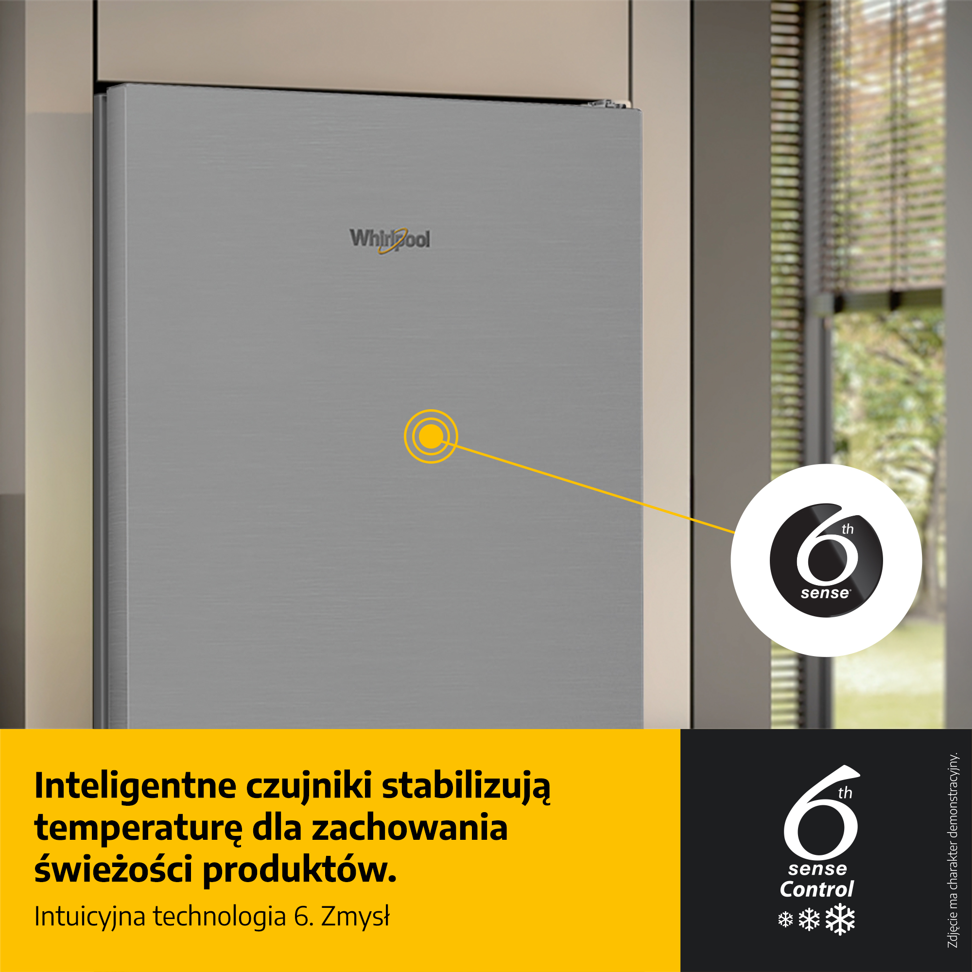 Szara lodówka z logo Whirlpool i 6th Sense Control.