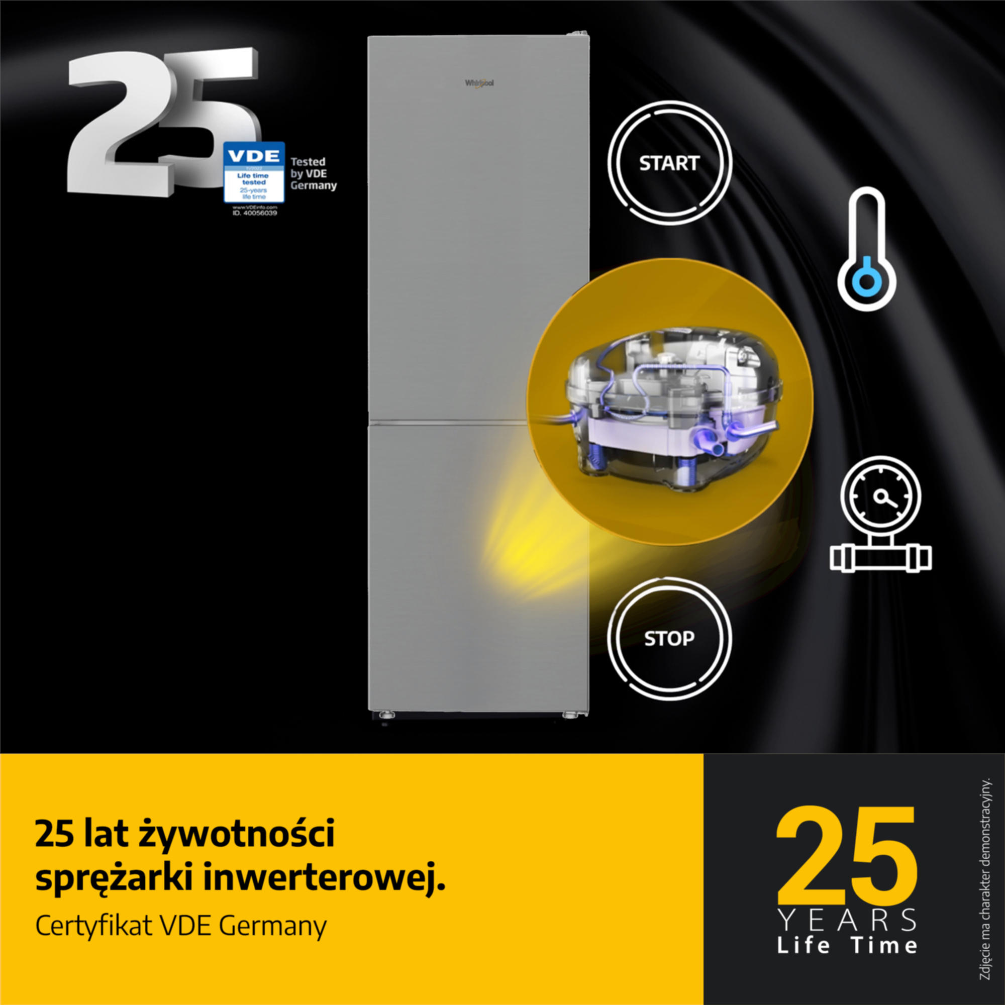 Srebrna lodówka z 25-letnim certyfikatem VDE i detalami sprężarki.
