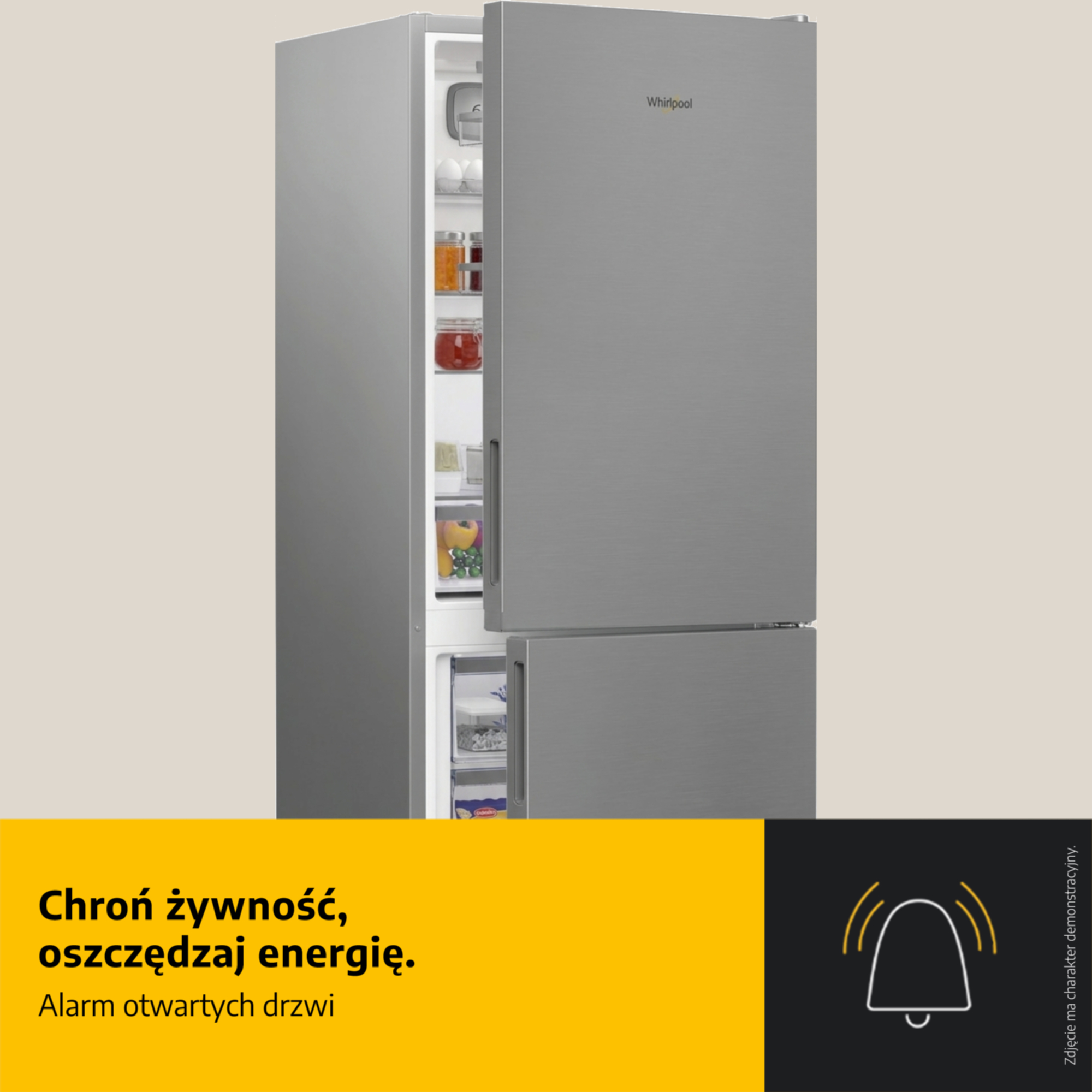 Srebrna lodówka z otwartymi drzwiami, wypełniona jedzeniem.
