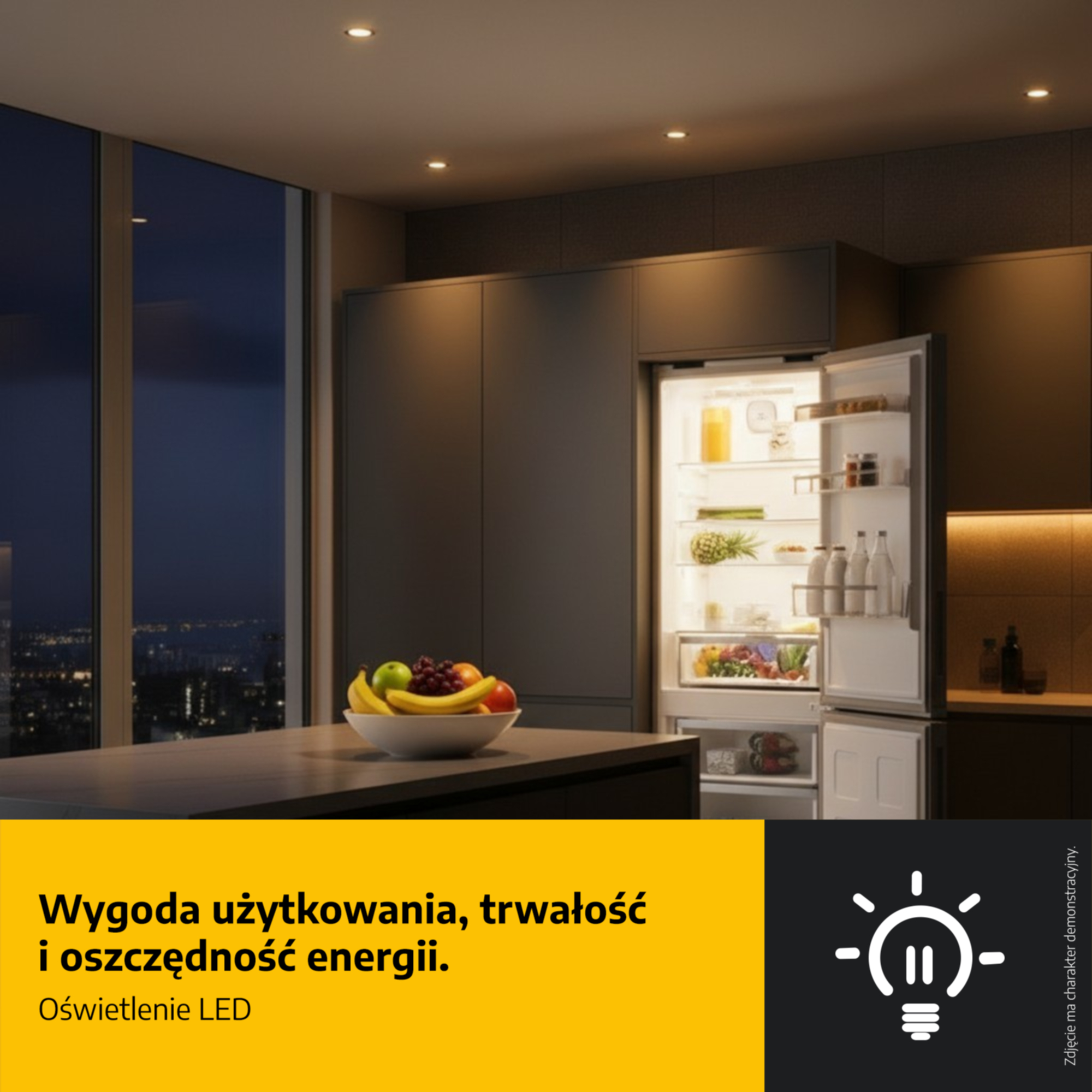 Nowoczesna kuchnia z otwartą lodówką, misą owoców i widokiem na miasto nocą.